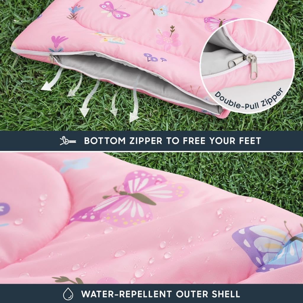 Wake In Cloud - Kids Sleeping Bag for Girls Toddlers, Camping in Warm Cold Weather, Backpacking Lightweight Compact Outdoor Liner for 3 Seasons, Butterfly Garden Flowers