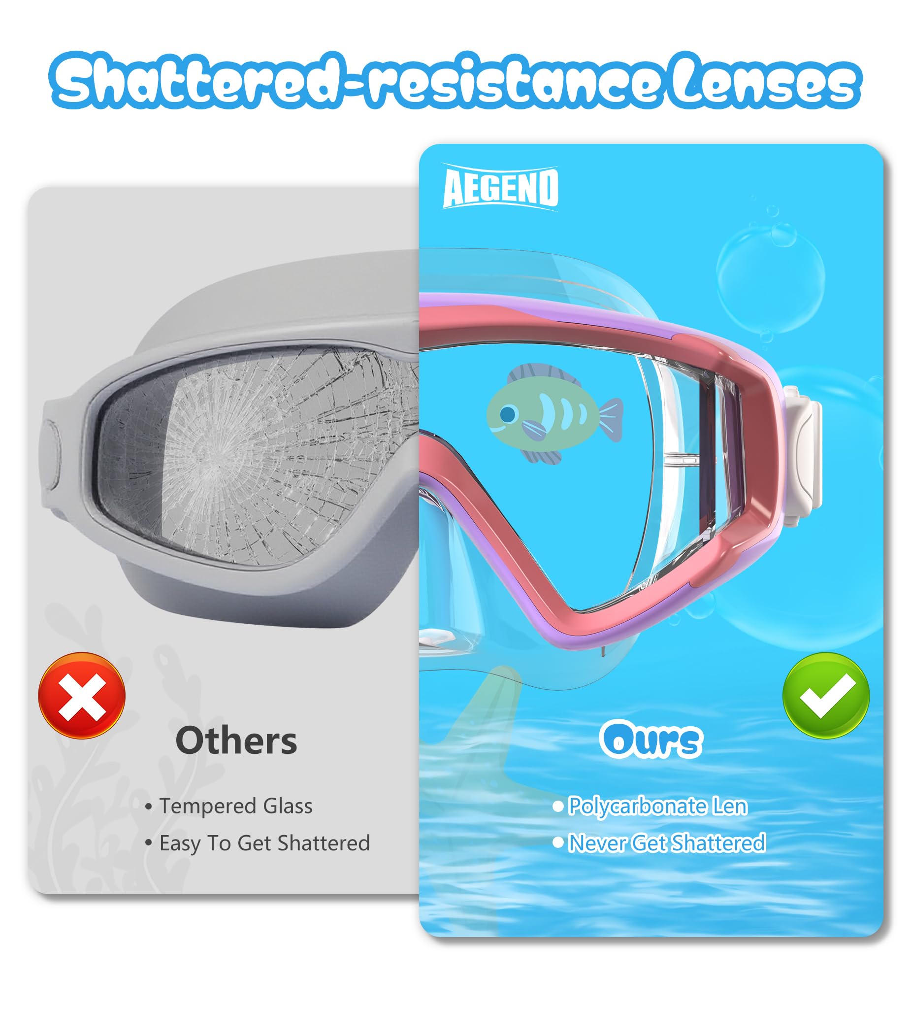 Aegend Maschera da snorkeling per adulti, ragazzi e bambini, con valvola di asciugatura superiore, vista panoramica, anti-perdite e anti-appannamento, con borsa a rete per snorkeling, immersioni