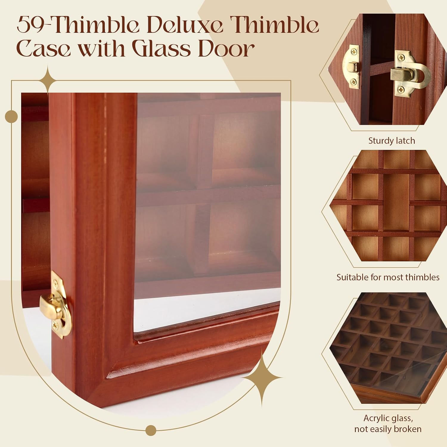 Novabright 59 Deluxe Thimble Case with Glass Door Accessory Opening Thimble Small Display Case Cabinet Holder for Collection Decor(Cherry Wood Color)