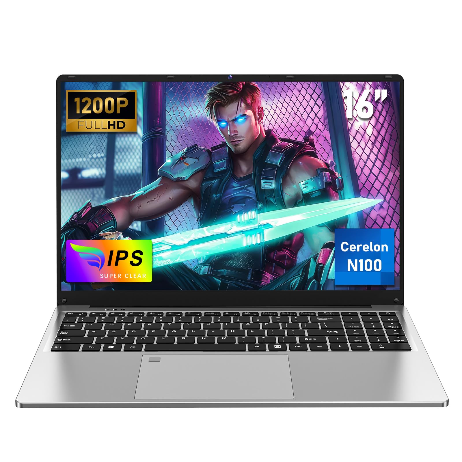 NAIKLULU 16 Pollici Computer Portatile Processor N100 (1,0 a 3,4 GHz), RAM 16 GB SSD 512 GB Laptop 2025, Computer portatile Notebook/Tastiera Completa Retroilluminata/1920 x 1200 P/Webcam