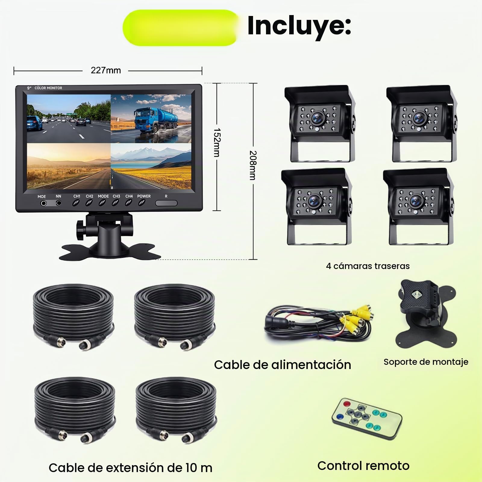 Podofo 4 Cámara de Visión Trasera para 9'' Monitor Pantalla 4-Dividido, Cámara Marcha Atrás de Visión Nocturna a Prueba de Agua por Infrarrojos y Cable de aviación de 4 Clavijas (10m*2/20m*2)