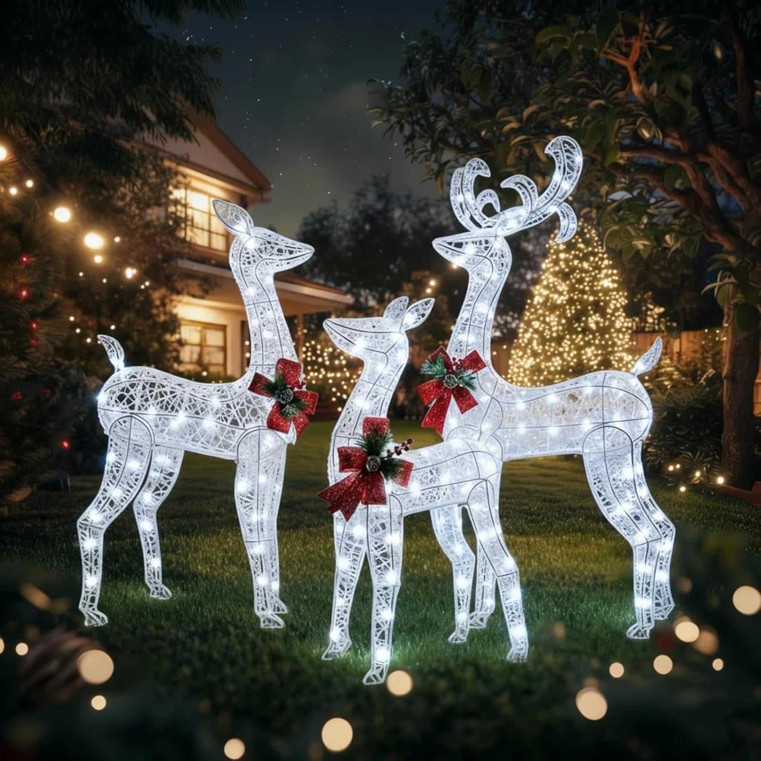 3-Piece Lighted Reindeer Family Outdoor Decoration, 5FT Pre-Lit White Wire Frame Deer Set with 360 LED Lights, Large Winter Holiday Yard Display for Lawn, Garden, Indoor & Outdoor