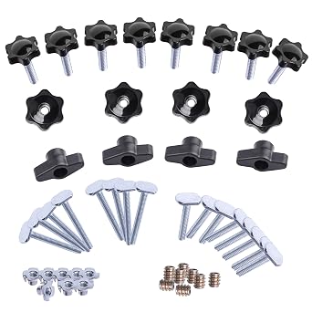 48 Pieces 1/4"-20 T Track Bolts and Knobs Kit Including T-Bolts, Star Knobs and Screws, Pronged Nuts, T-Knobs, Threaded T Nuts, for Woodworking Jigs and Fixtures