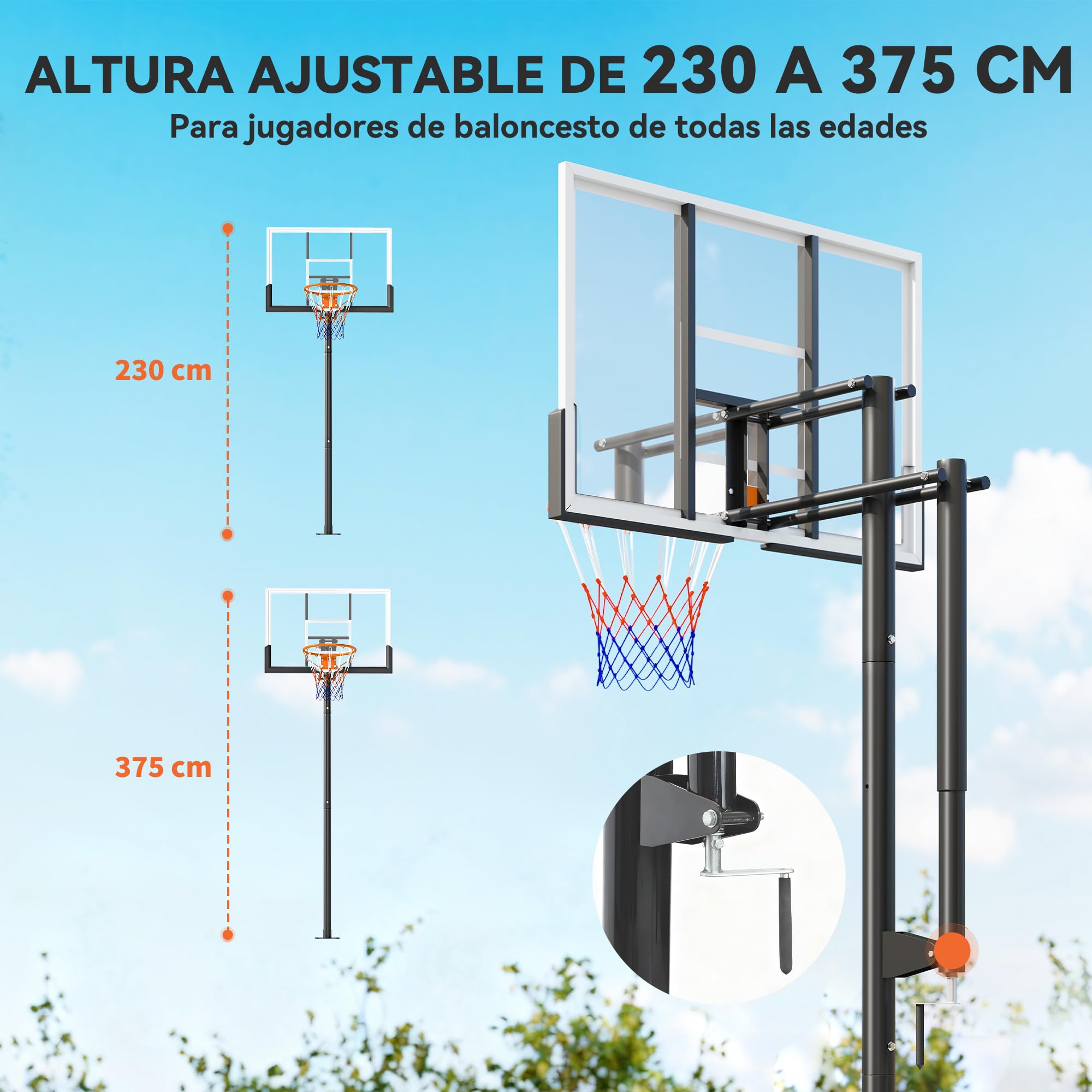 SPORTNOW Canasta de Baloncesto Exterior Altura Ajustable 230-305 cm Tablero Irrompible 120 cm Aro 48 cm