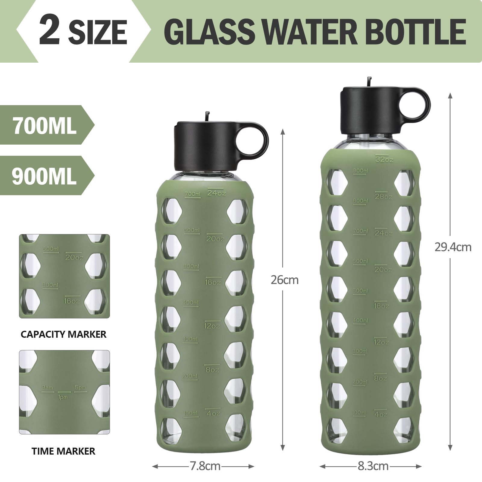 BLUEGO Borracce in vetro, 700ml Bicchiere in vetro, Bottiglie per bere con 2 coperchi, Bottiglia per l'acqua sportiva con custodia in silicone, A prova di perdite, Oliva