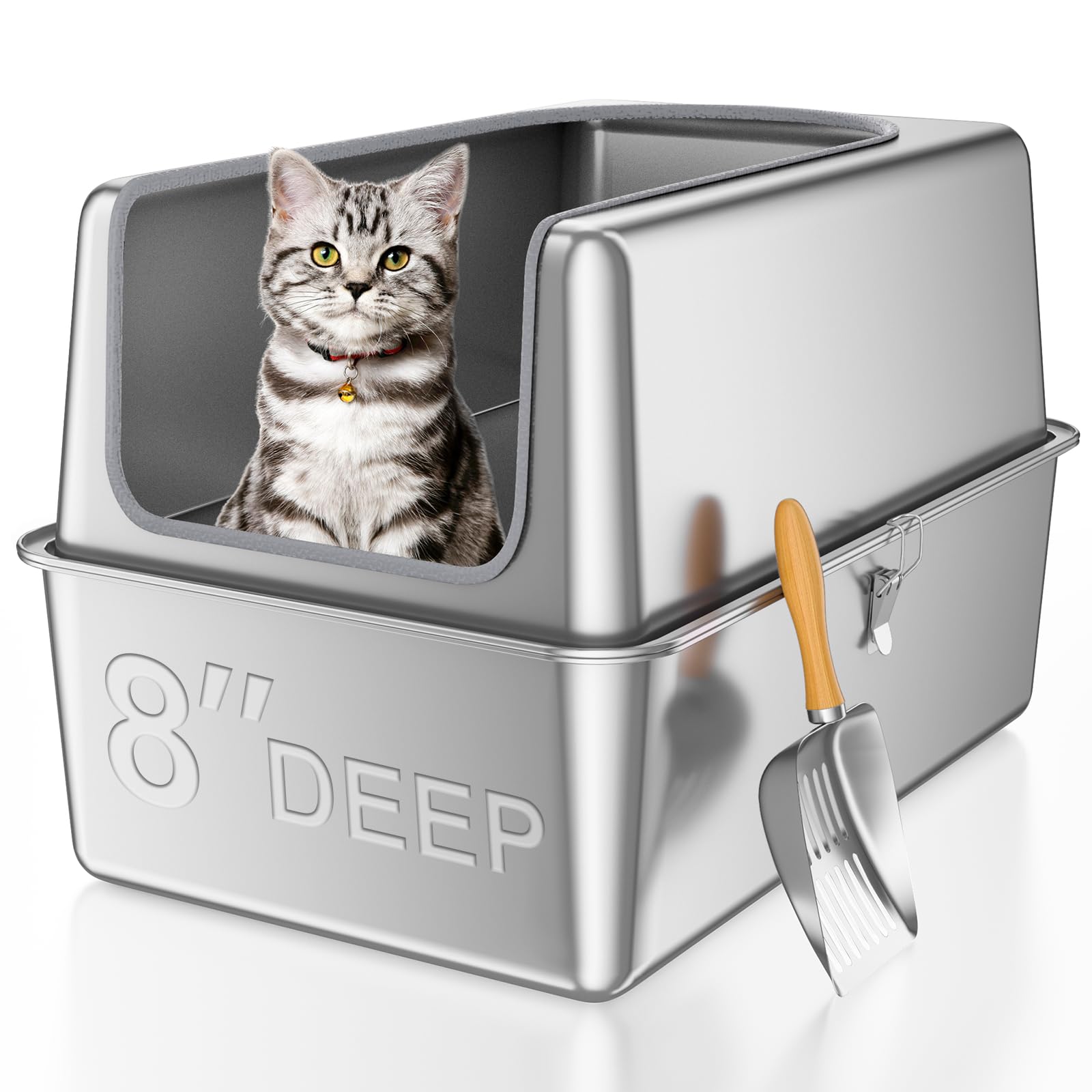 16'' High Sides XXXL All Stainless Steel Cat Litter Box with Lid,8'' Deep Metal Litter Box for Big Cats,Extra Large Litter Boxes with High Wall Enclosure,Anti-Leakage,Never Absorbs Odors,Non-Sticky