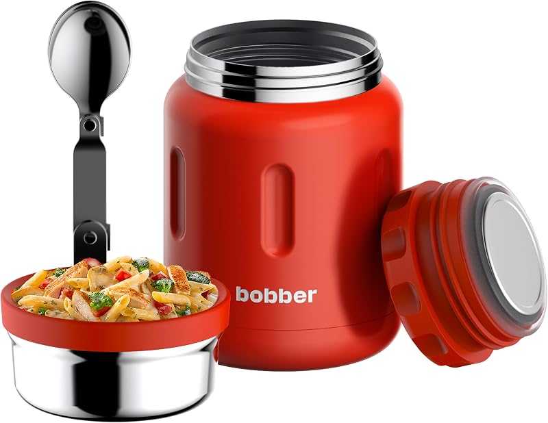 24 oz Insulated Stainless Steel Food Thermo Jar for Hot Food, Extra-Wide Mouth Lunch Container for Adults with Spoon and Bowl, Dishwasher Safe - Keeps Meals Hot for 14 Hours (Red)