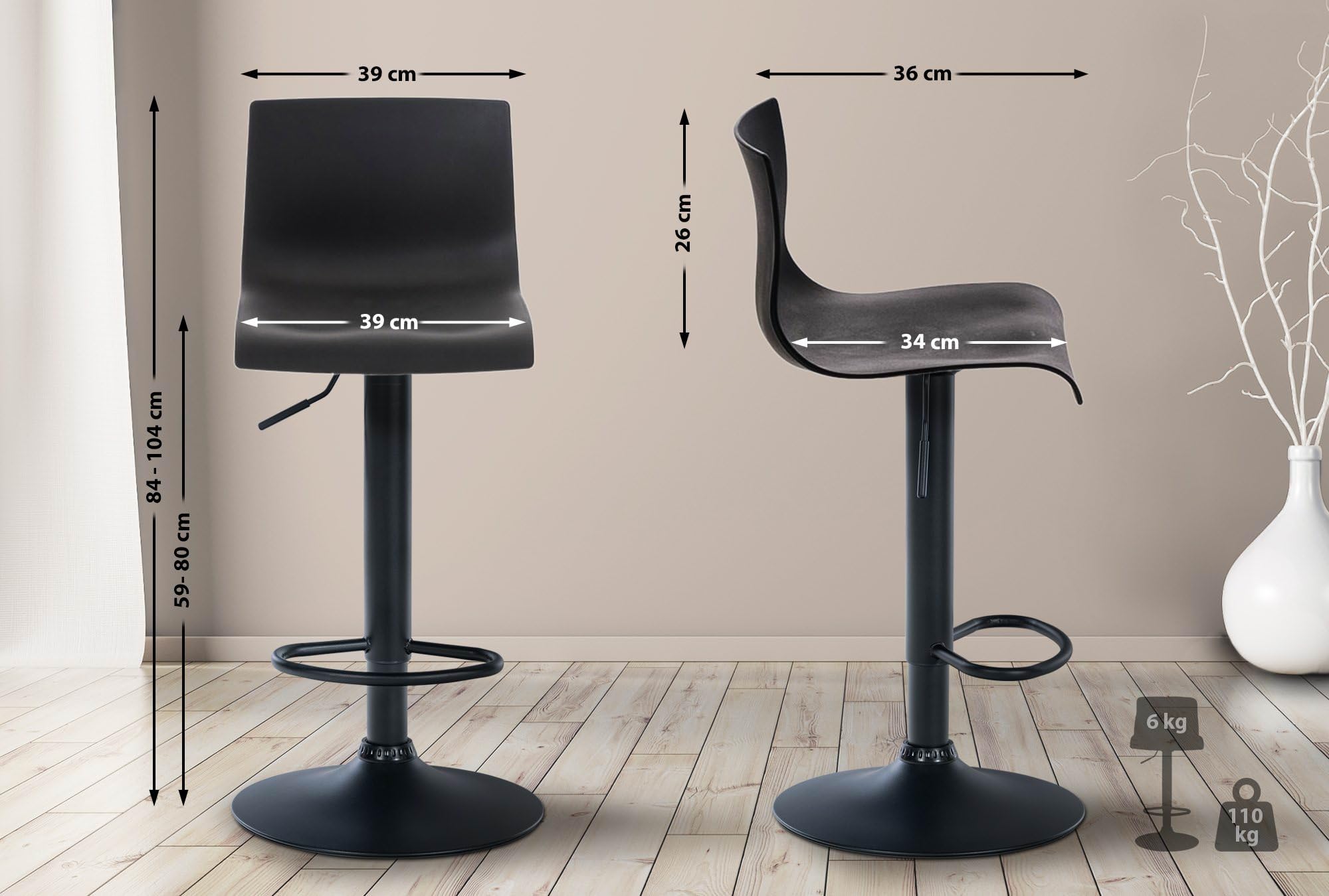 CLP Sgabello Alto Hover in Polipropilene E Metallo I Sgabello Bar Design Regolabile 59-80 CM, Colore:Nero, Materiale Base:Metallo Nero Opaco