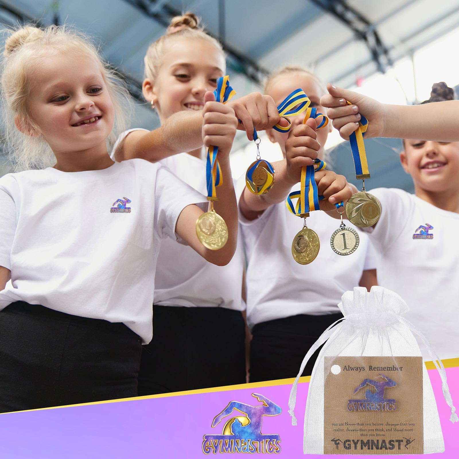 Hoteam 24 Sets Gymnastik Pin Geschenkset mit Gymnastik Anstecknadeln Karten Organza Beutel für Party Favors Award Button Cute Birthday Graduation Team Geschenke