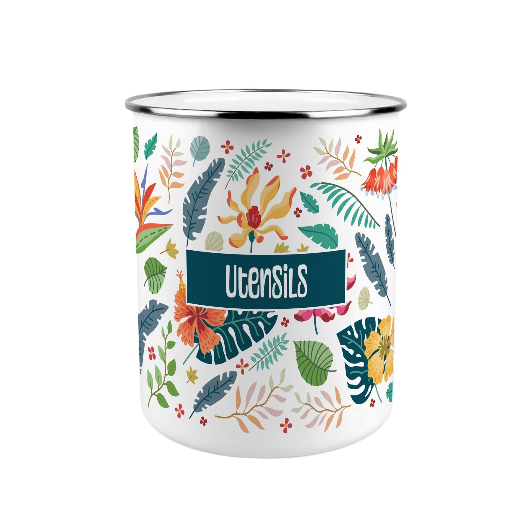 Tropical Flowers Utensil Pot - Enamel XL Kitchen Utensil Organiser Decor Gift