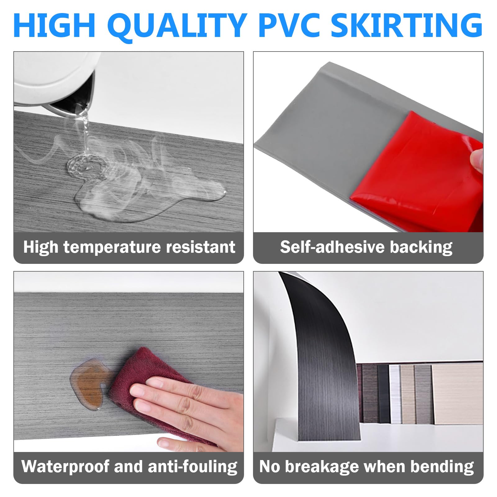 Rodapiés autoadhesivos de PVC, 10 cm x 10 m, listón de cocina, rodapiés autoadhesivos, moldura decorativa, fácil de cortar, listón plano, para sala de estar, dormitorio, veta de madera gris