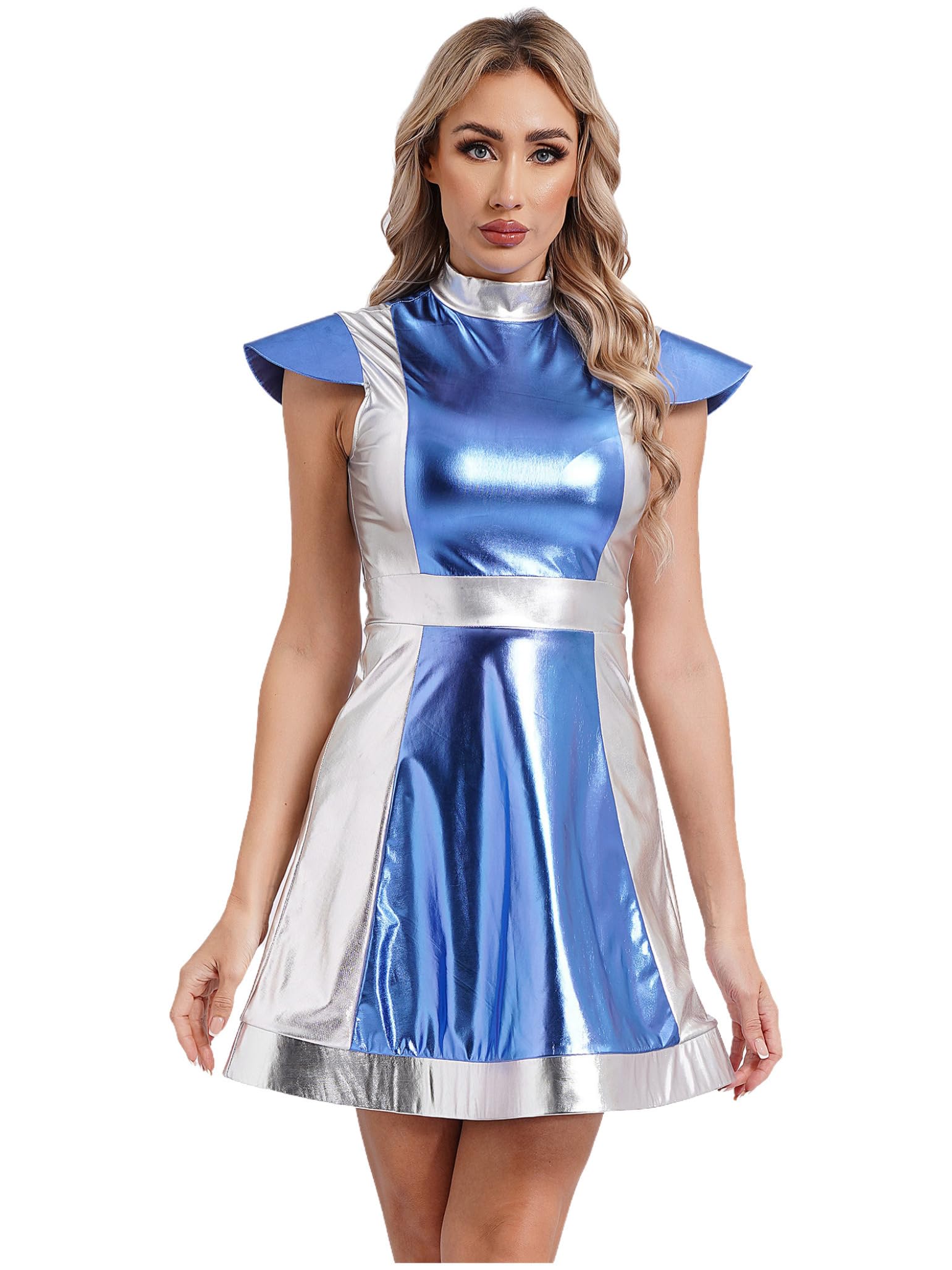 Moggemol Womens Halloween Cosmic Alien Costume Space Cadet Cosplay Shiny Metallic Flared Mini Dress Light Blue XL โ image 1