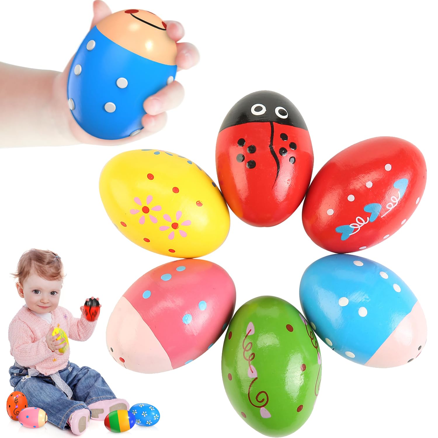 Set di 6 Pezzi di Maracas per Uova in Legno, Maracas per Uova di Pasqua, Maracas Musicali a percussione, sonagli per Uova, sonagli per Uova, Uova Musicali per Neonati e Bambini