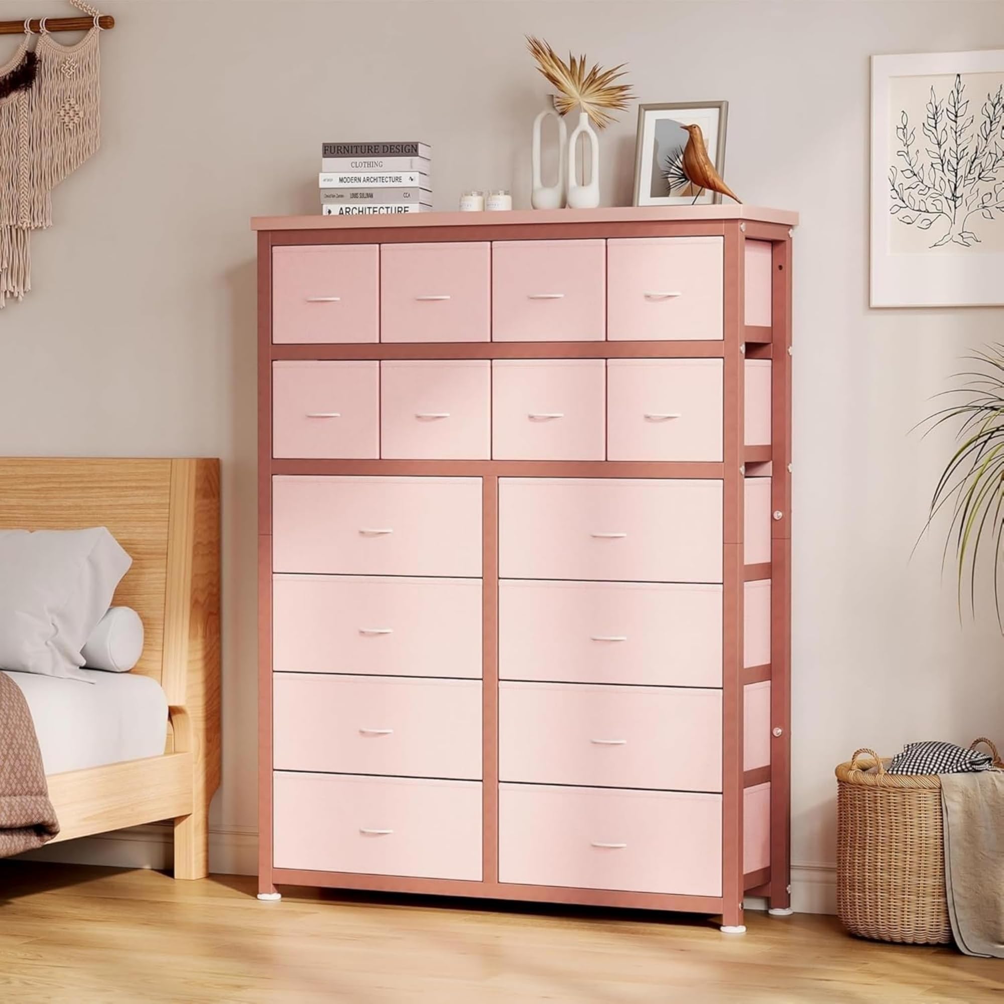 Cómoda alta rosa para dormitorio adulto, 16 cajones de tela con almacenamiento espacioso para ropa y accesorios, armario de almacenamiento vertical para dormitorio pequeño (rosa)