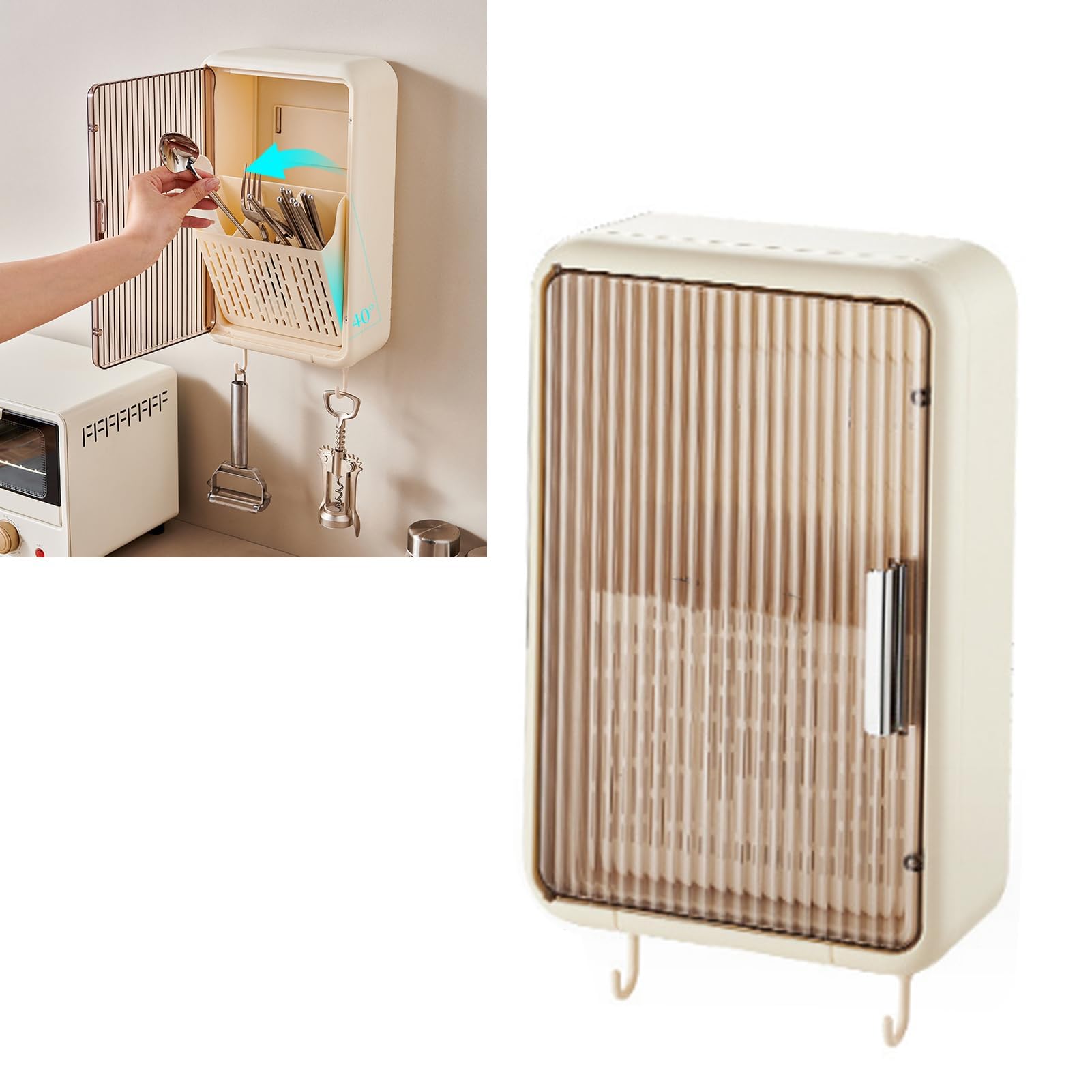 TOPINCN Organiseur mural pour baguettes drainant et anti-poussière avec couvercle, convient pour louches, fourchettes et plus (couleur crème)