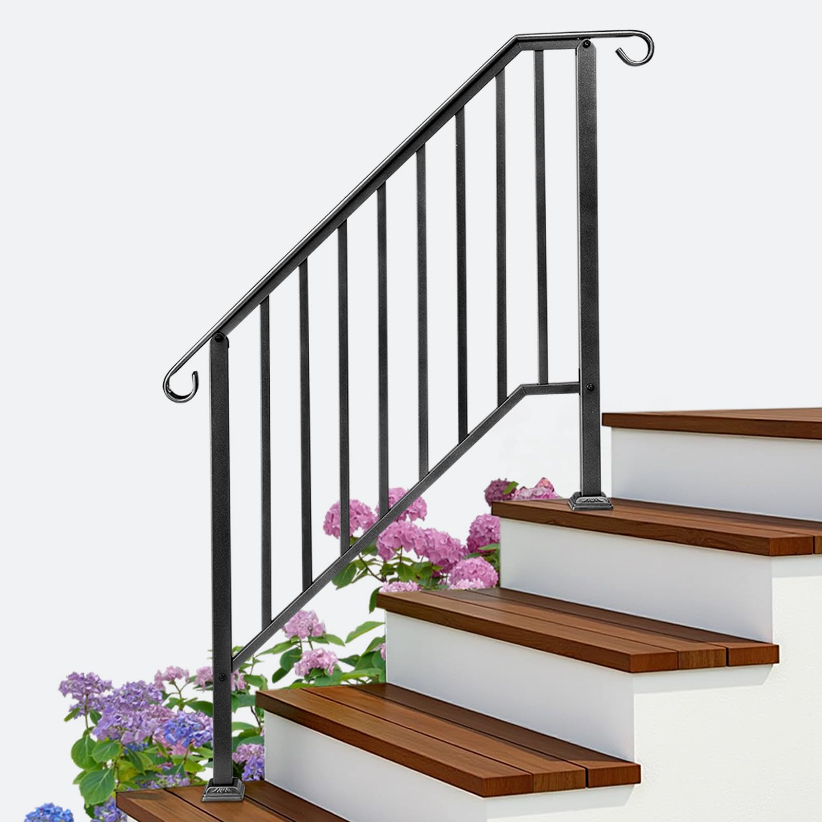 Bonnlo Outdoor Handrail for Stairs Fit 3 Steps, Hand Rails Outside Steps with Installation Kit, Galvanized Iron Handrail for Front Poch, Glossy Black