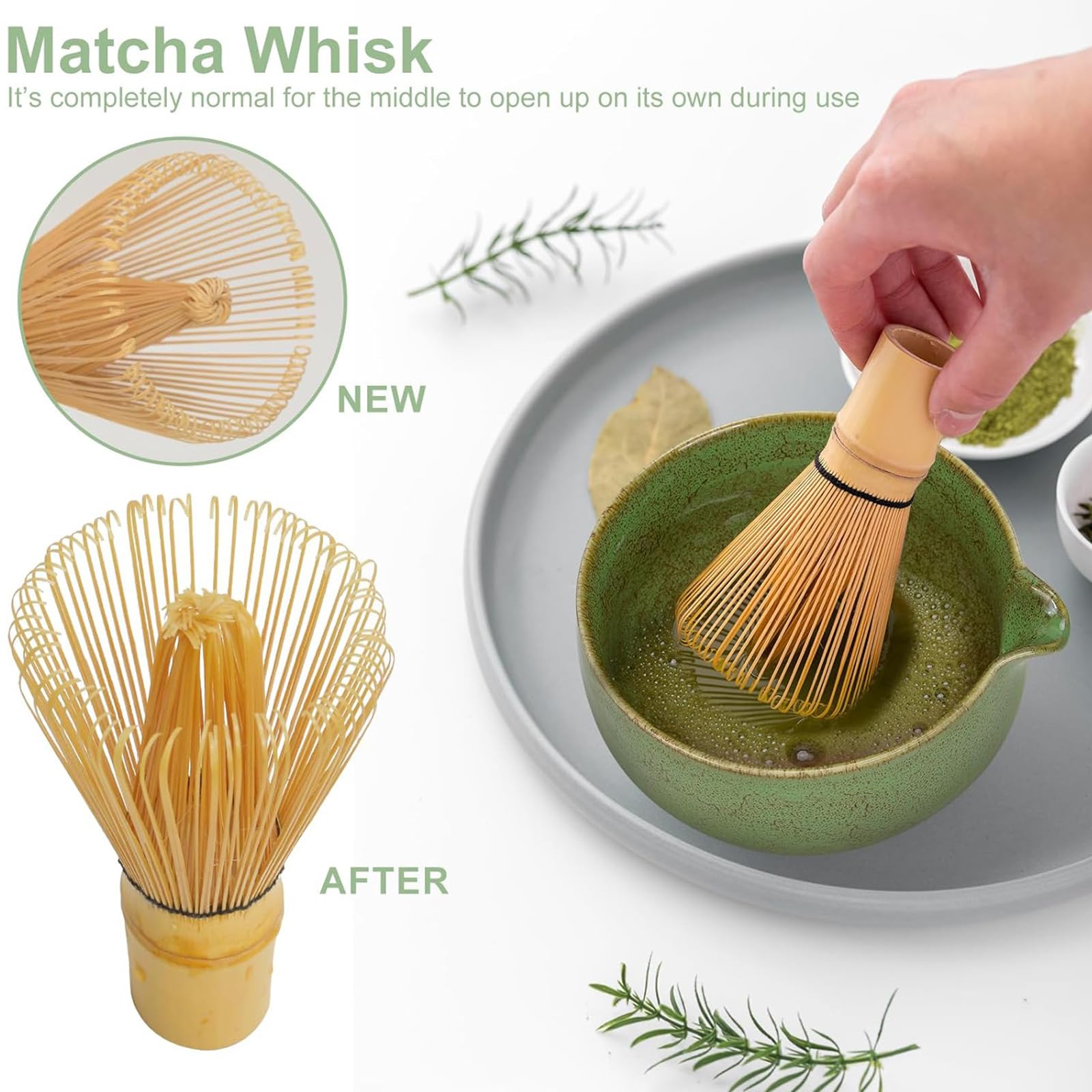 Matcha Kit 7 Piezas, Ciotola Matcha con Beccuccio, Frusta al Matcha, Supporto per Frusta, Cucchiaino, Asciugamano per Tè, Filtro, Matcha Set Perfetto per Macha (Verde Screziato)