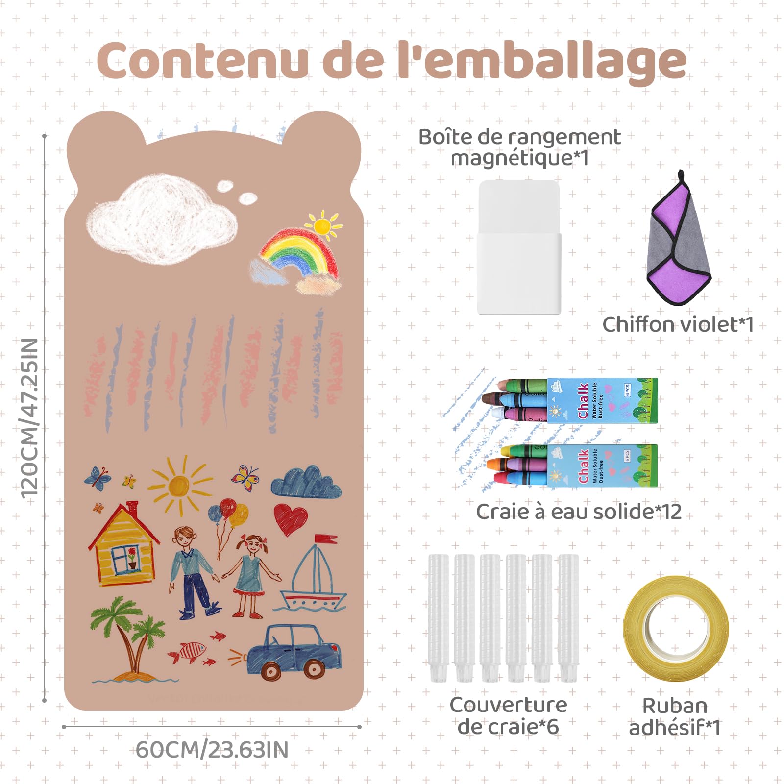 Tableau magnétique - 120 x 60 cm - Motif petit ours - 12 stylos à craie, 1 chiffon de nettoyage, 6 supports à craie, 1 boîte de rangement, 1 ruban adhésif, tableau à dessin magnétique (marron)