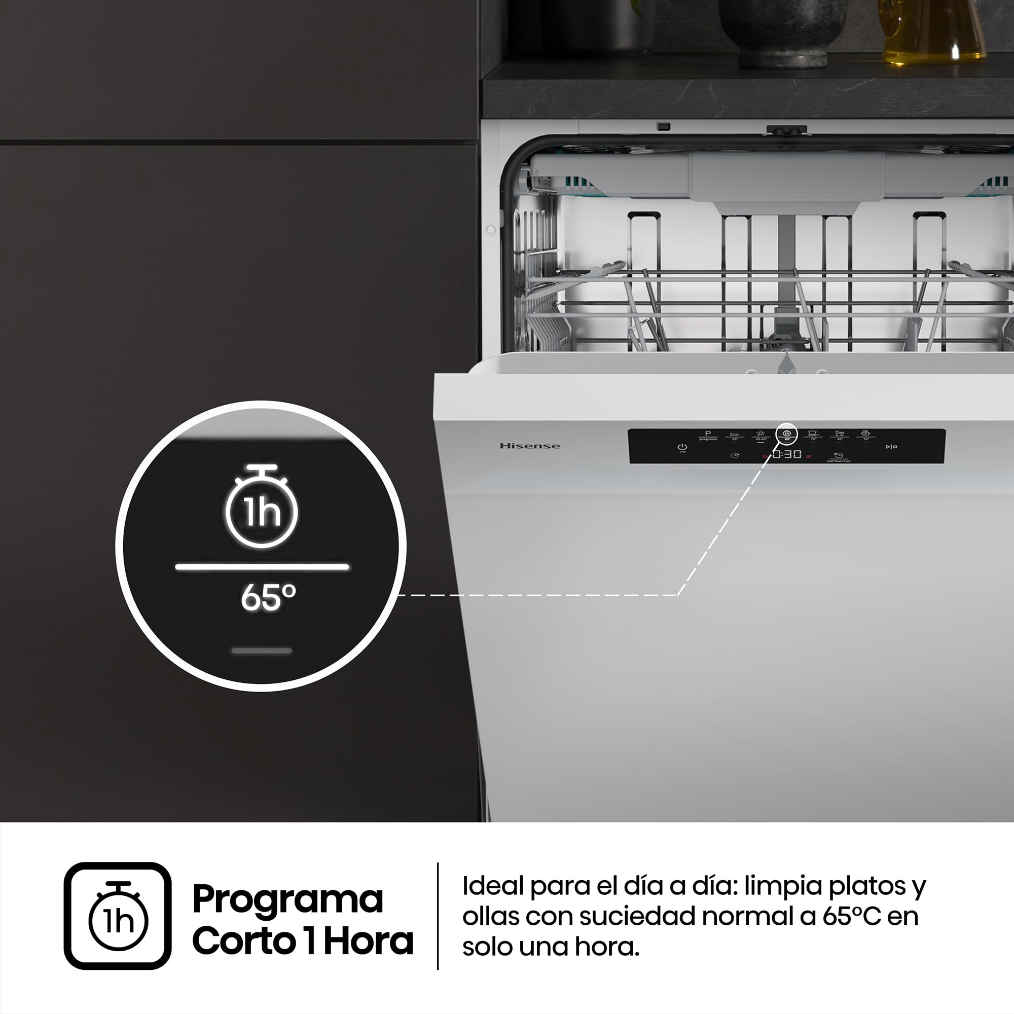Hisense HS643B90W - Lavavajillas Clase B, 15 Servicios, Fondo 60cm, Secado Extra, Programa Automático, Tercera Bandeja, Programa Corto 1 hora, 15 Servicios, Aqua Protect System, Control Táctil, Blanco