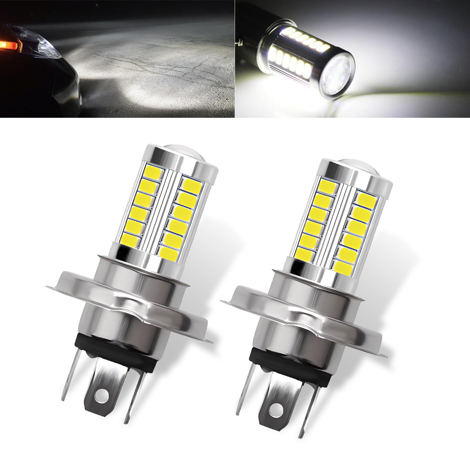 2 PCS Car H4 LED Fog Lamp, 5630-33SMD High-brightness Chip Forward Light with Condenser Lens, 12V Plug-and-play Original Bulb Replacement, Universal for Automotive Lighting Bulb (White)