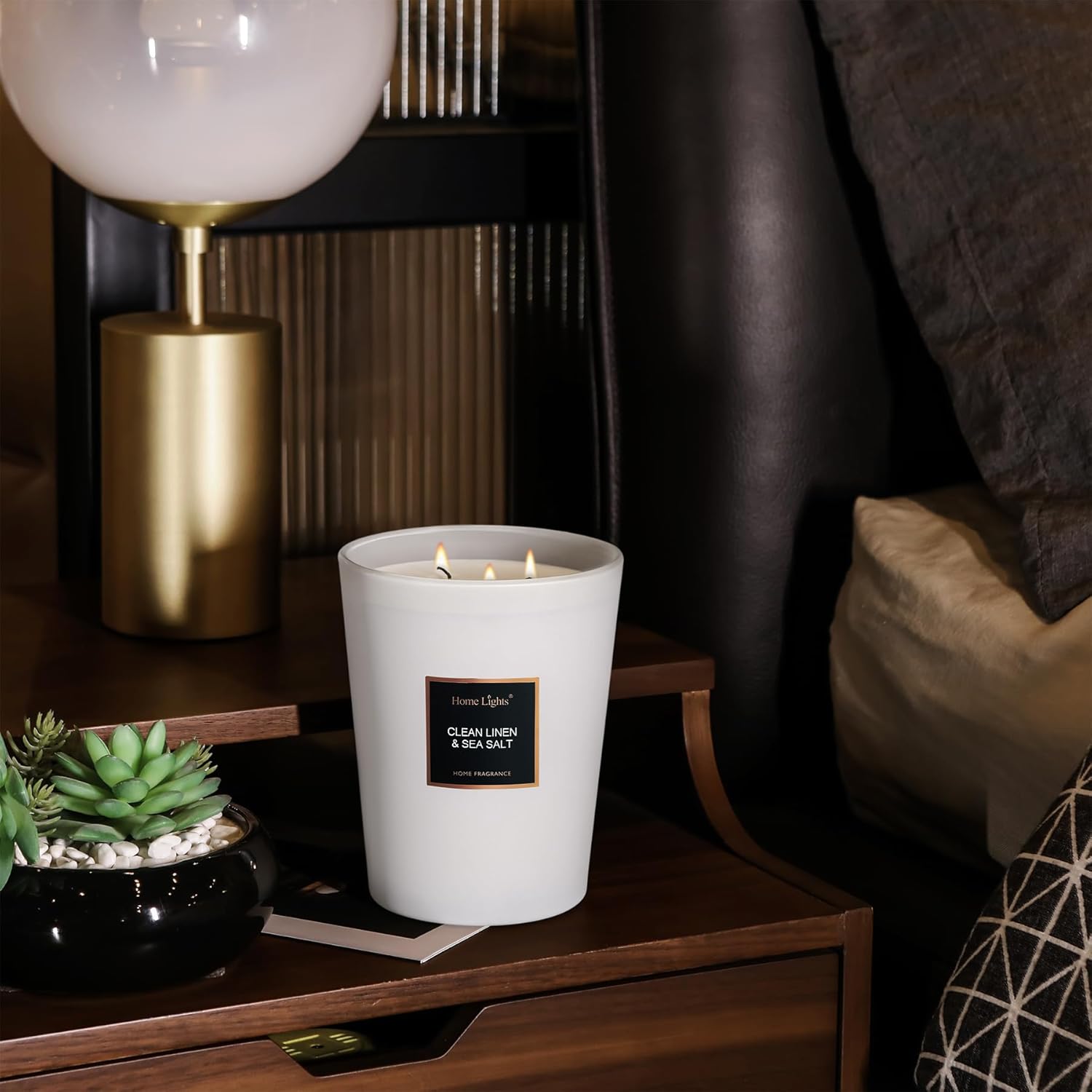 HomeLights Scented Candles - Large Jar Aromatherapy, Natural Soy Wax, 130 Hour Long Burning, Clean Linen & Sea Salt - Image 4