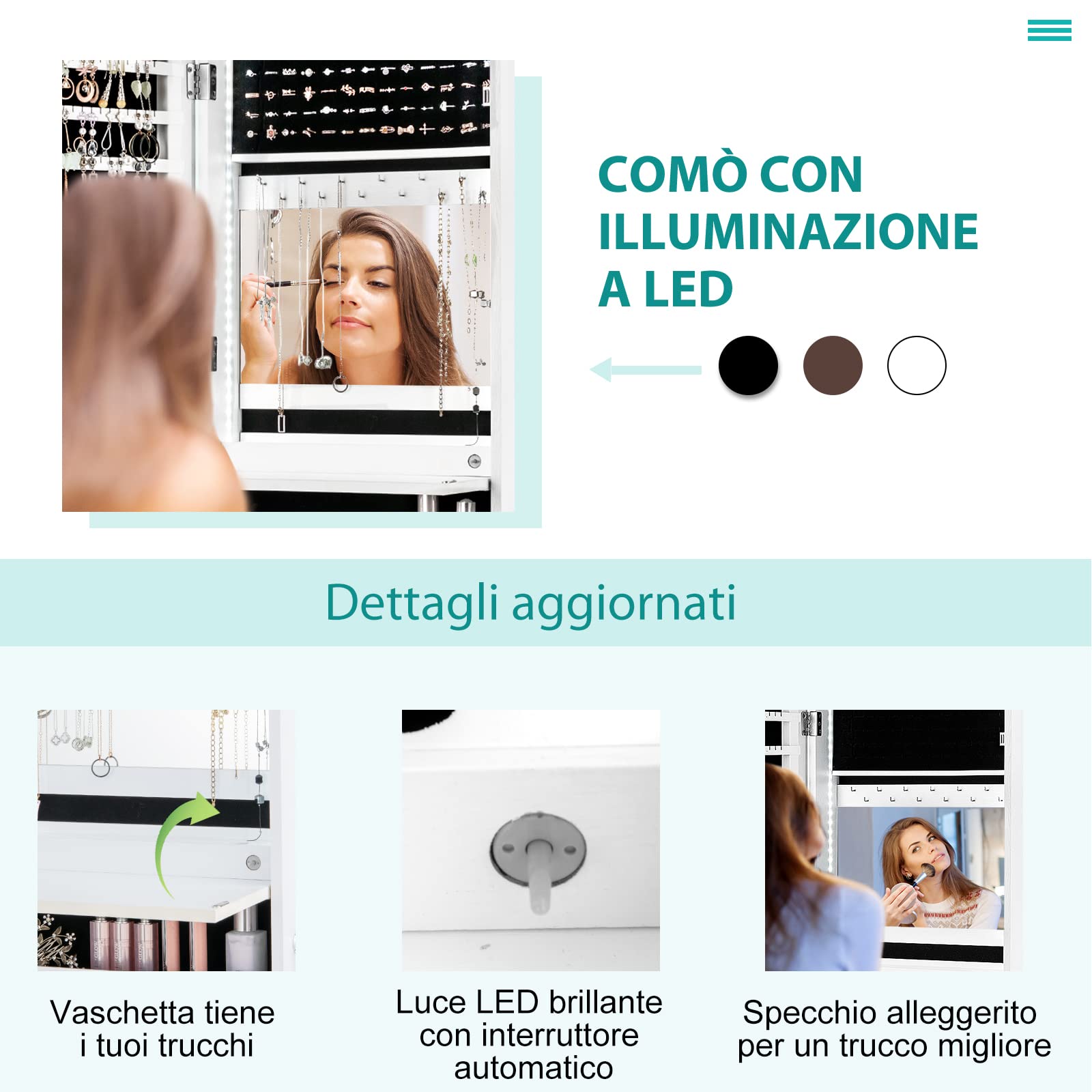 COSTWAY Armadietto per Gioielli con Specchio a Figura Intera LED, Armadio Multiuso con 4 Cassetti 4 Mensole, Organizer Portagioie per Camera da Letto e Cabina Armadio (Bianco)
