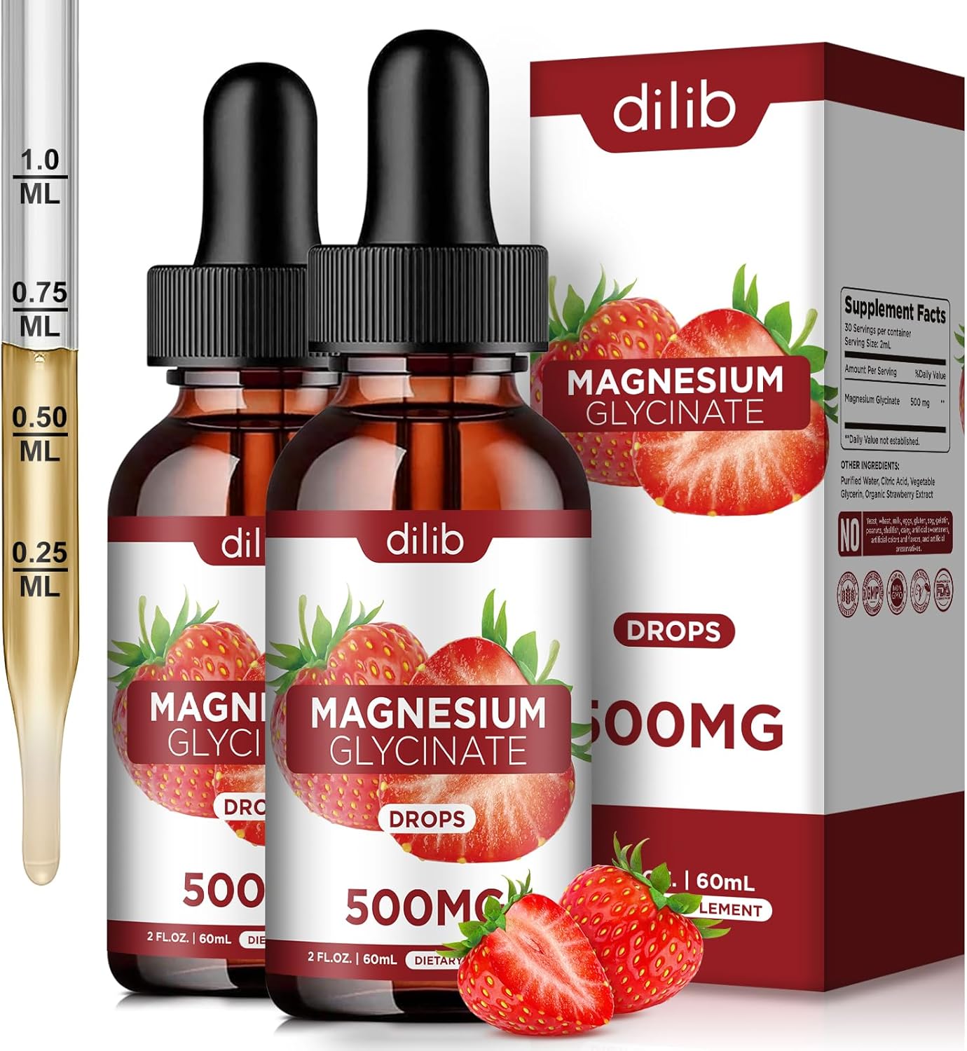(2 Pack) Magnesium Glycinate Supplement, Liquid Magnesium Glycinate Liquid Drops 500mg-Support Stress Relief, Relaxation, Mood, Sleep, Bone & Muscle-4 Fl Oz, Vegan, Strawberry Flavor