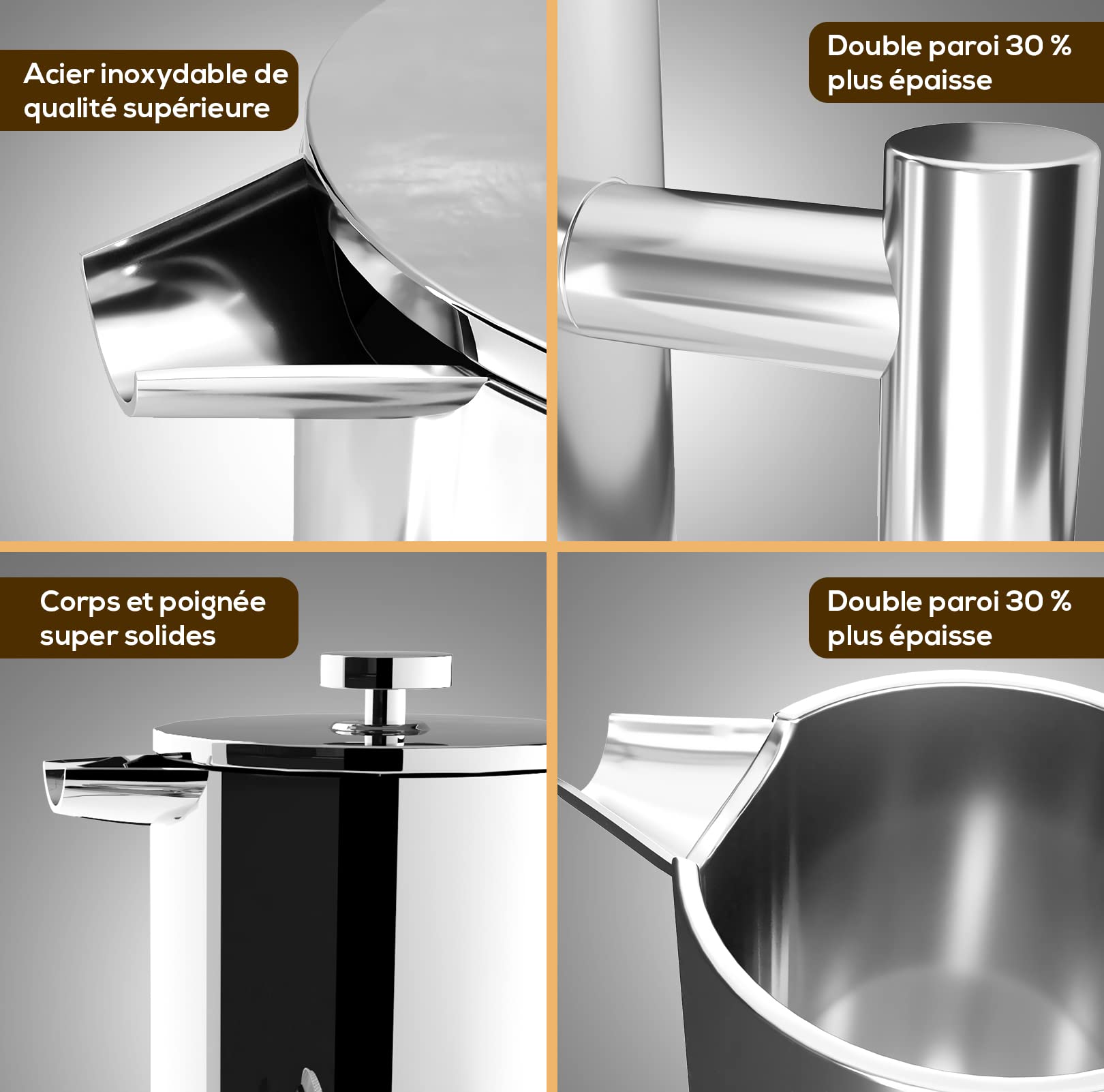 KICHLY Cafetière à piston en acier inoxydable - Machine à expresso et à thé avec triple filtres - Verre résistant à la chaleur avec piston en acier - Cafetière portable - 34 oz (1,0 litre) - Argent
