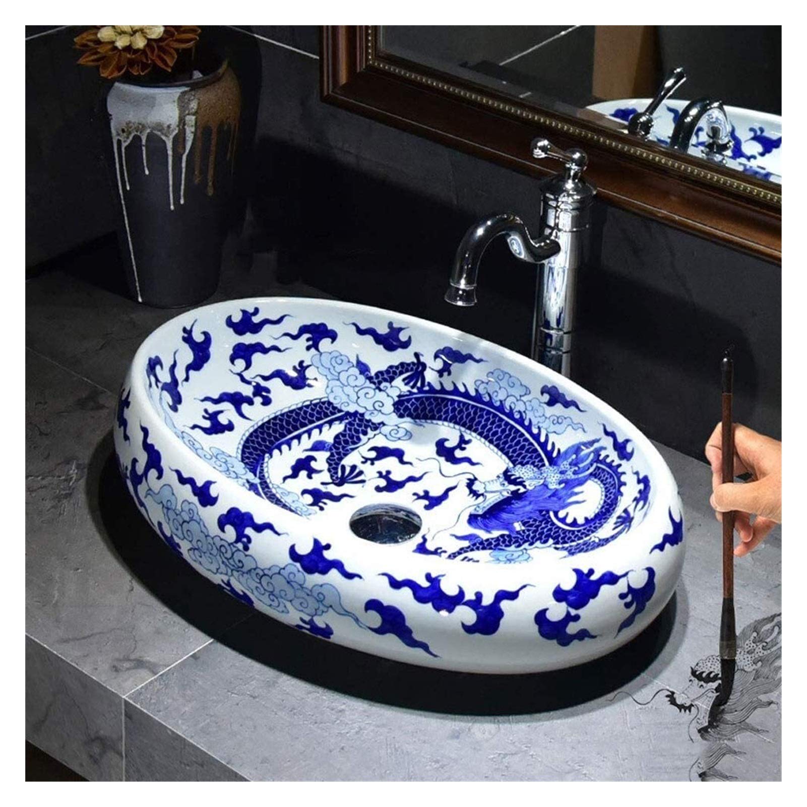 WOTZOV Vessel Sink Hotel Art Sink For Outdoor Bistro-Blue And White Porcelain Vessel Sink,12"X4.5" Bathroom Vanity Sinks Above Counter Lavatory Bowl,