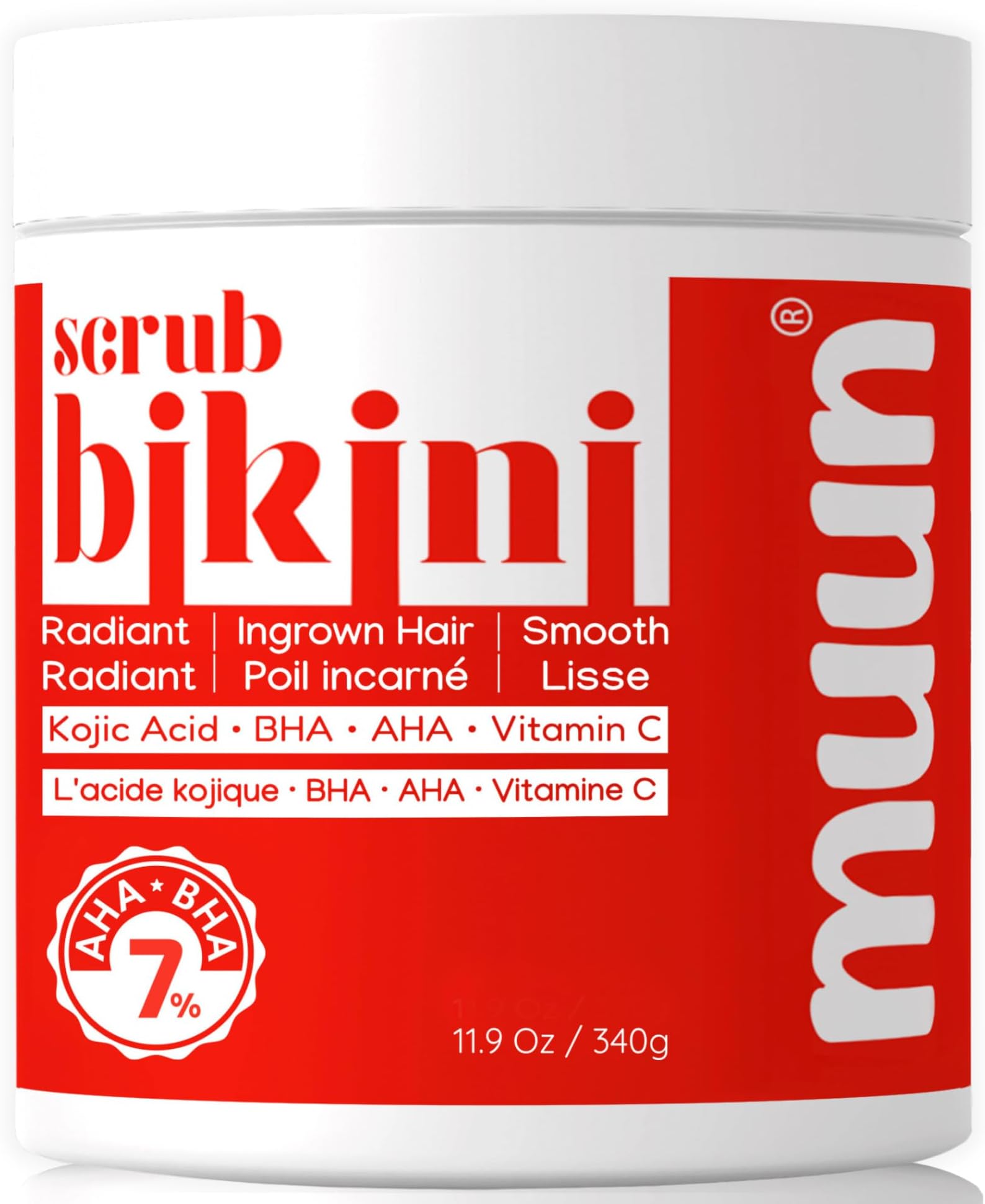 Muun Bikini Area Exfoliator, 2% Kojic Acid Vitamin C & 7% AHA/BHA Even Skin Tone & Ingrown Hair - Underarm Scrub - Radian, Smoothe & Soften Body Scrub