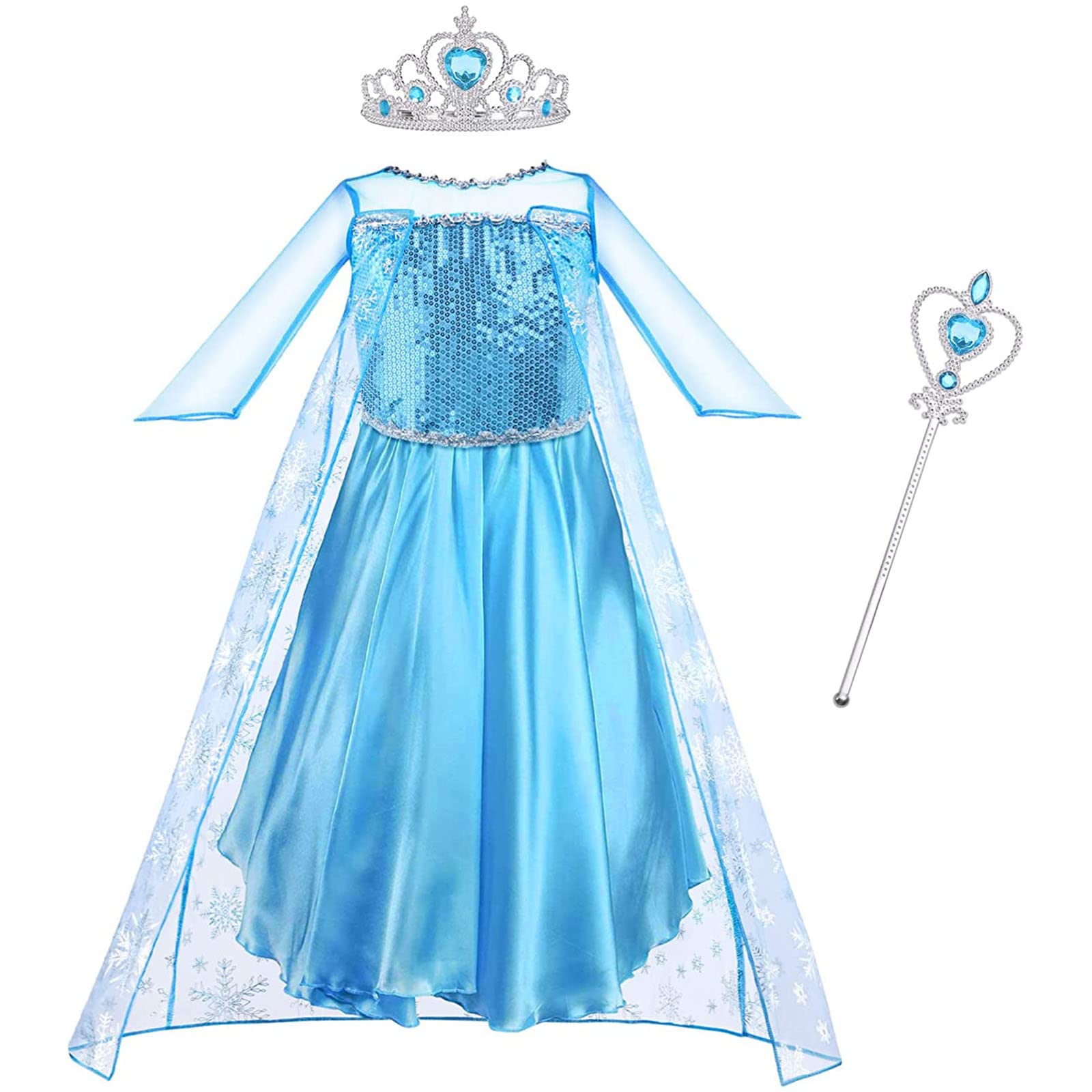 Vicloon Elsa Costume Ragazze Principessa, Principessa Belle Costume, Vestito da Festa di Compleanno, Elsa Vestito Set da Principessa Corona e Bacchetta, Cosplay Party Halloween
