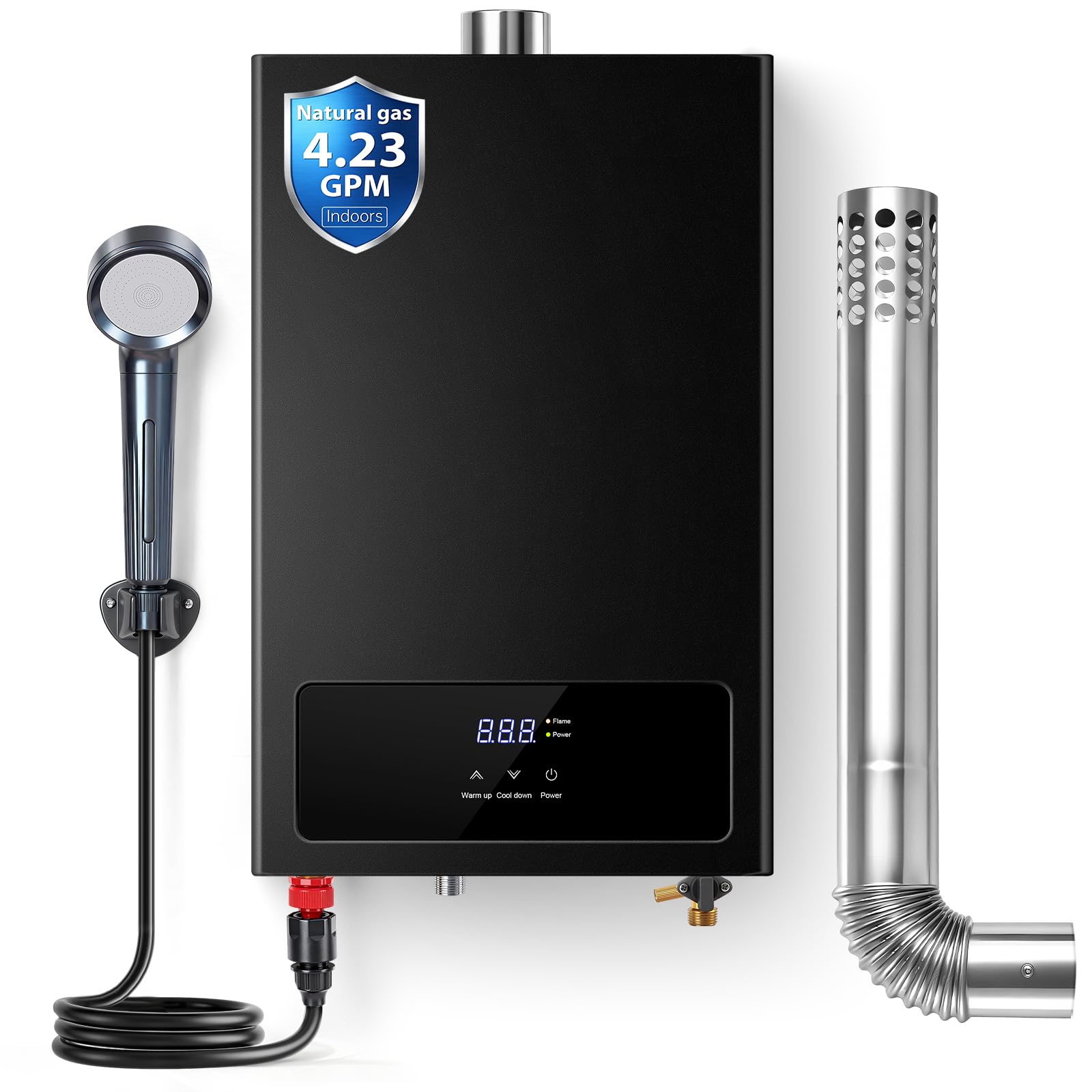 SNDOAS Tankless Hot Water Heater Natural Gas, black unit with LED display.