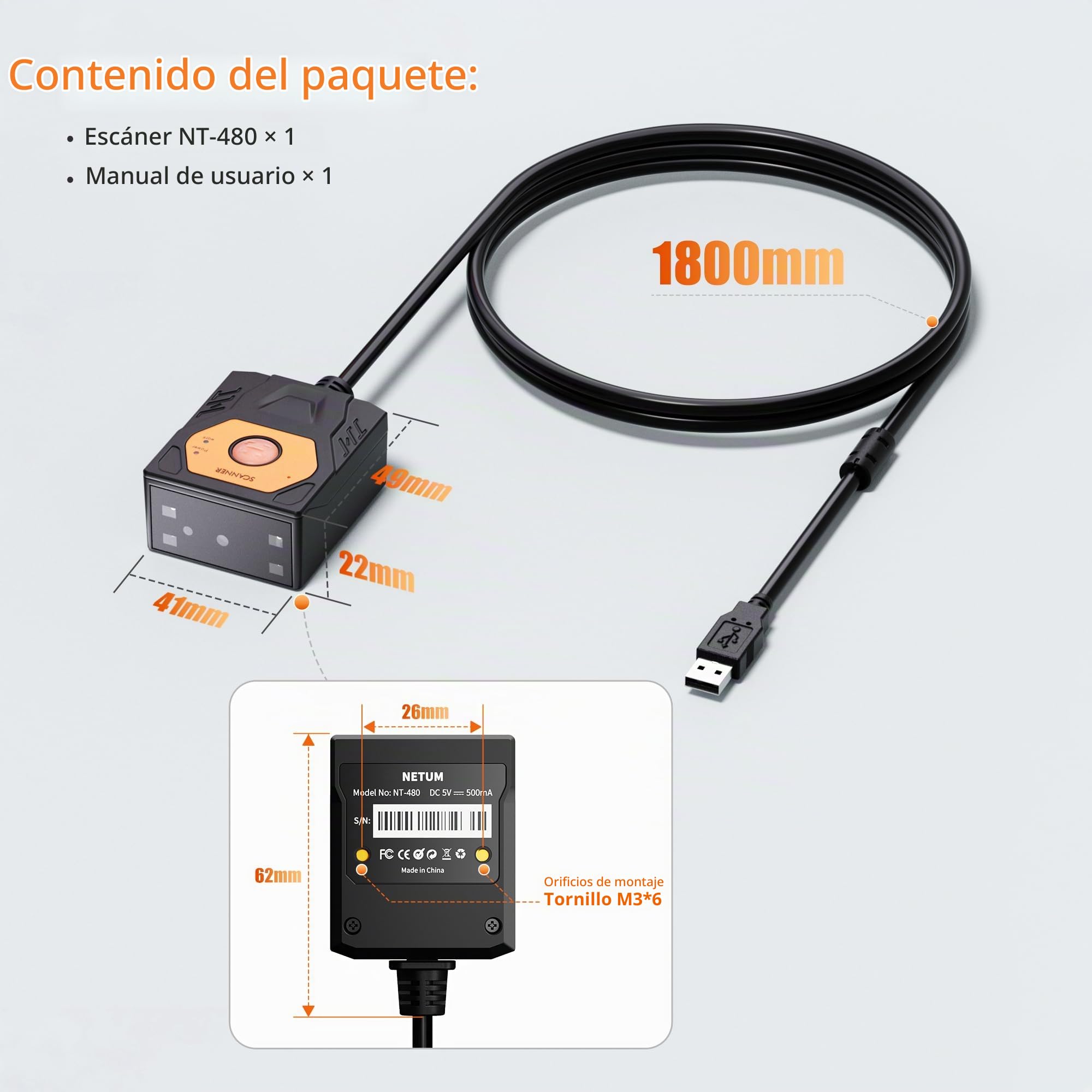 Escáner de código de barras NETUM NT-480 de montaje fijo, escáner de código QR 1D 2D industrial con conexión USB, escáner integrado de detección automática para quiosco, transportador, POS