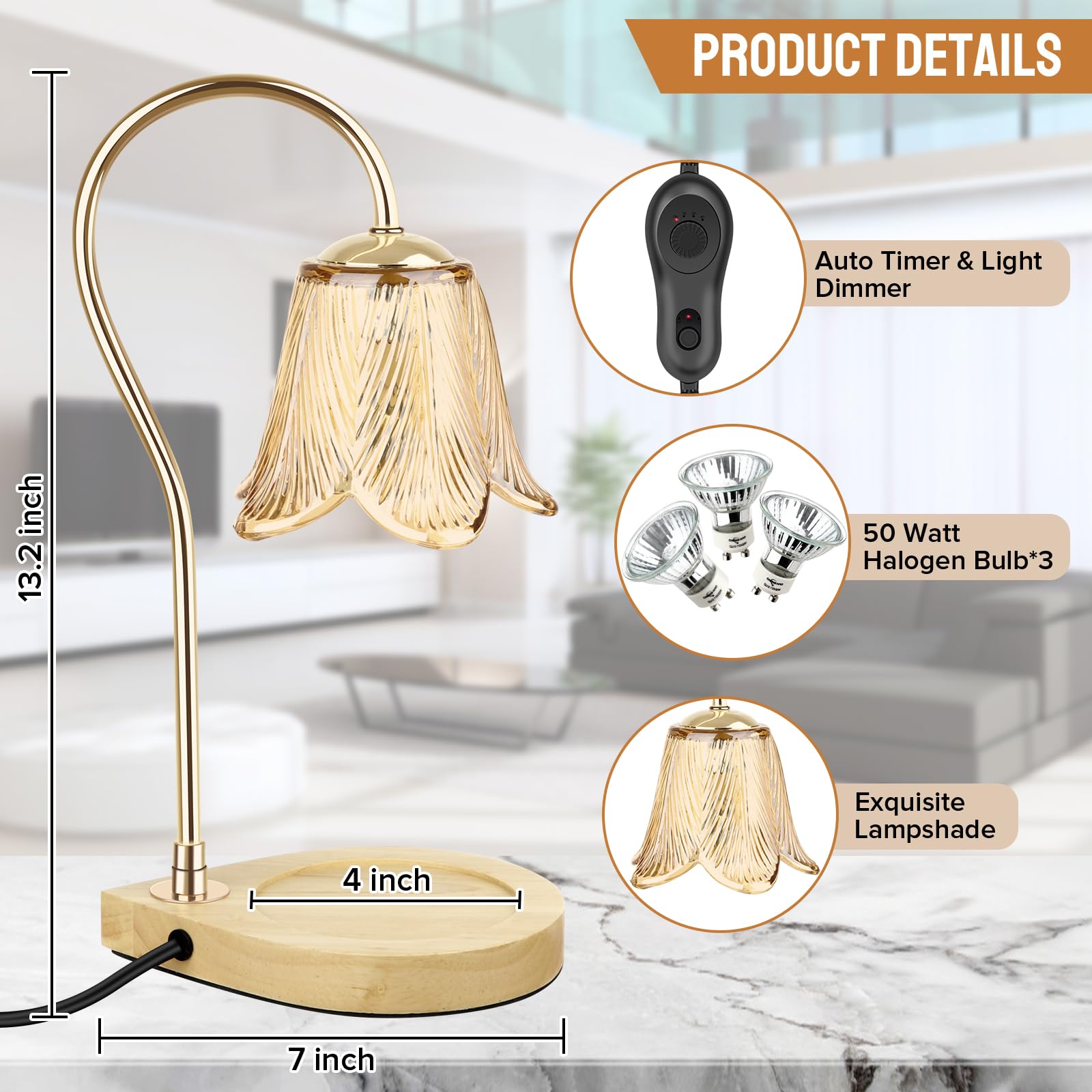 LAYJU Candle Warmer Lamp, Electric Candle Lamp Warmer with Timer & 3 Brightness, Dimmable Candle Warmer Lamp for Jar Candle, Home Decor, Vintage Wax Melt Warmer for Scented Wax, with 3 * 50W Bulbs