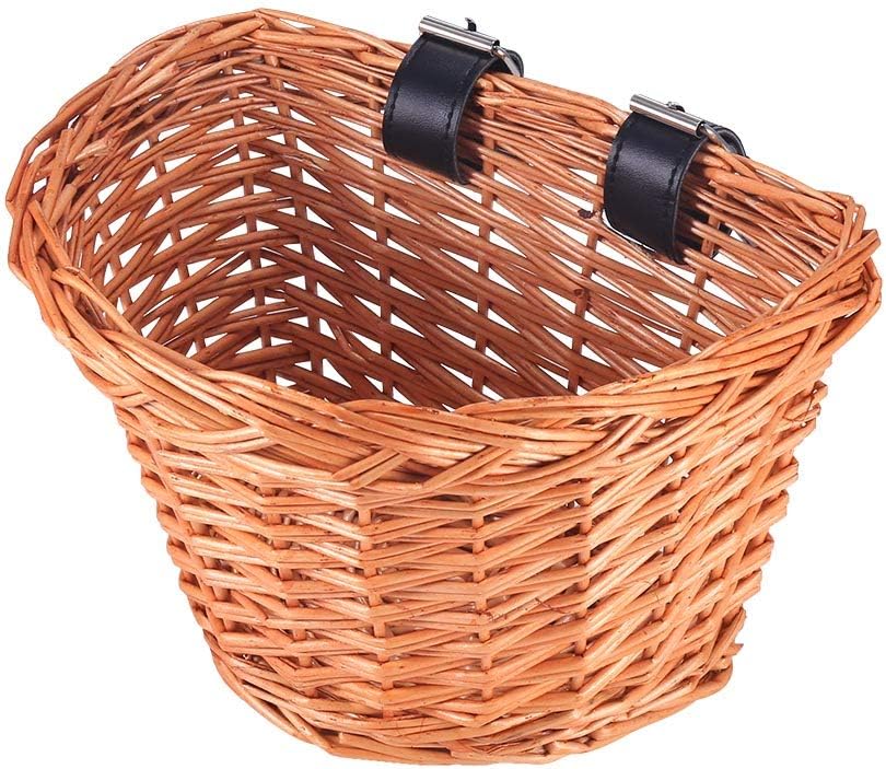 Wicker Front Handlebar Bike Basket, Hand-Woven Bike Basket Wicker Bicycle Handlebar Storage Basket with Leather Straps for Kid's Bike Basket