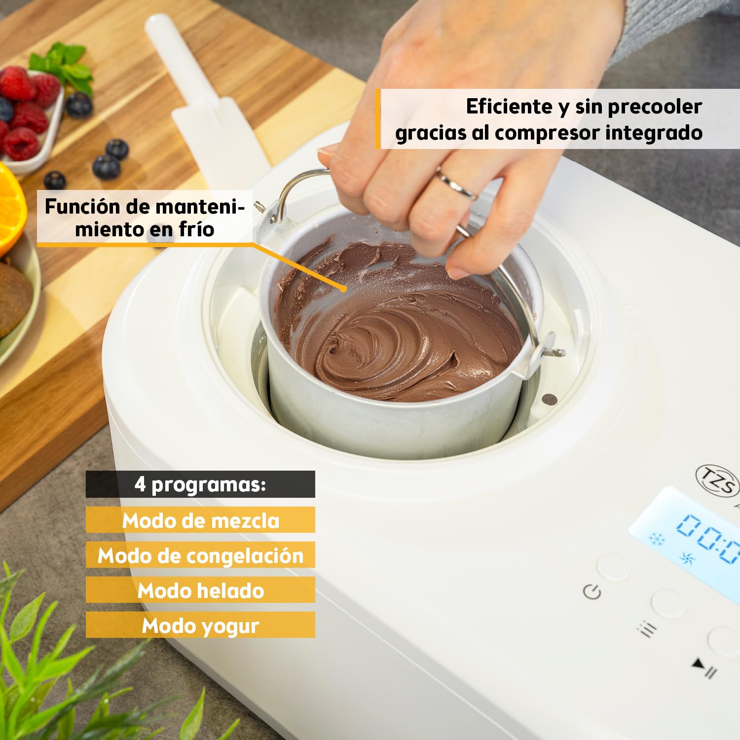 TZS First Austria Maquina Heladera y yogur | 1 L | Yogur helado, sorbete y helado | Incluye vaso medidor y espátula | blanco