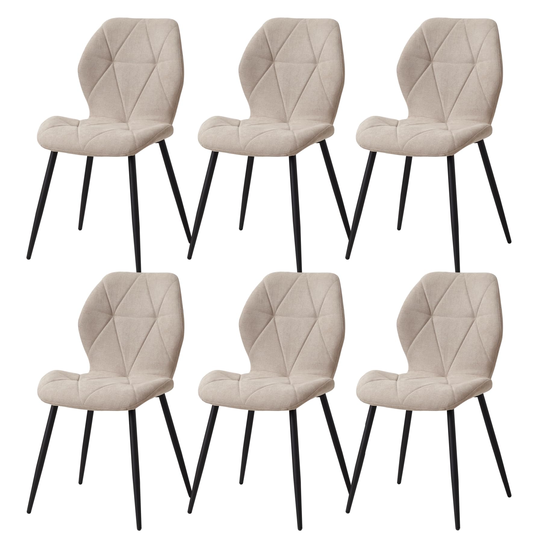 GrandCA HOME Set di 6 Sedie da Pranzo, Sedie da Pranzo Imbottite, Sedie da Cucina Nordiche con Gambe in Metallo, Cuscini in Tessuto a Rombi, Beige-R