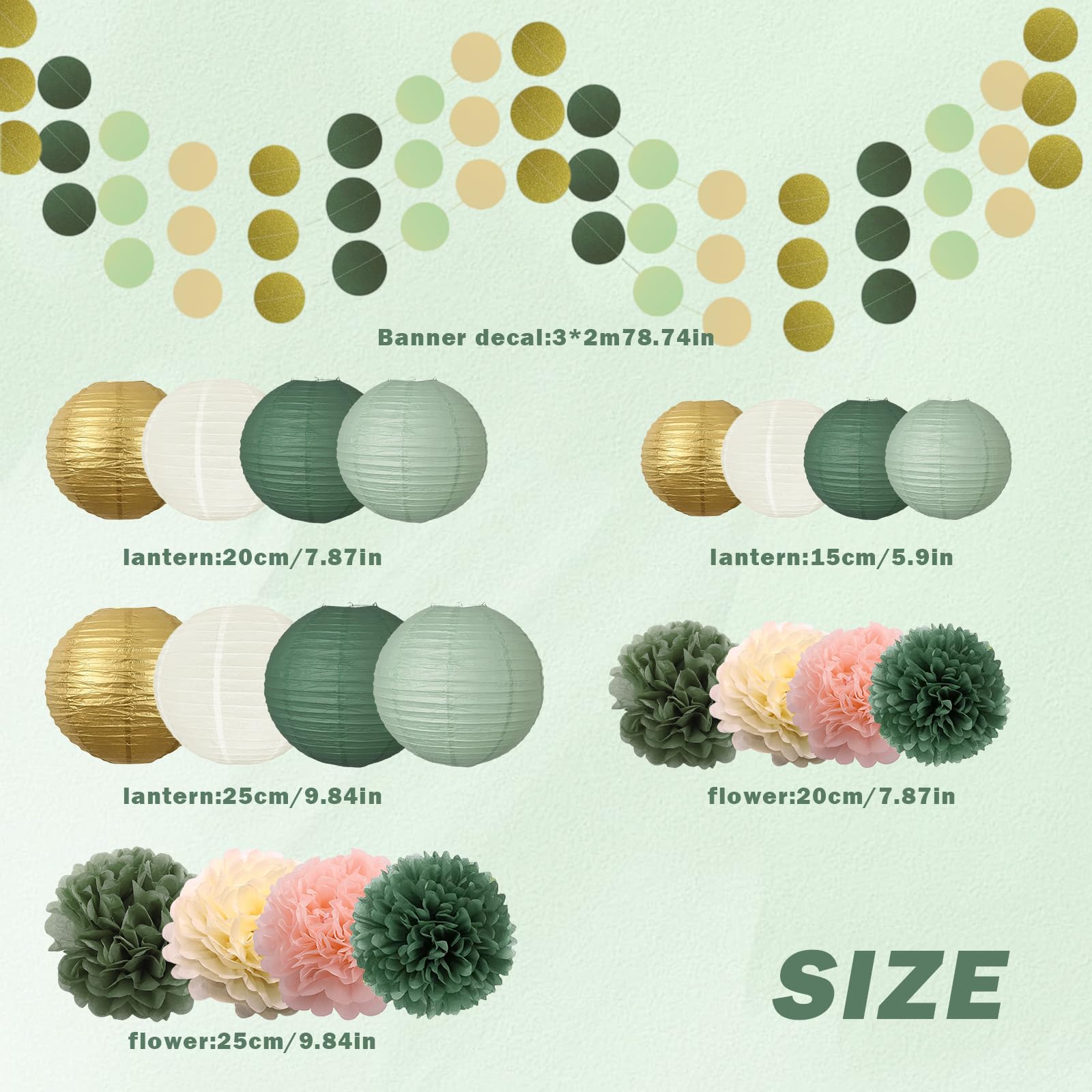 Set di 23 lanterne di carta, verde salvia e oro, lanterne rotonde di carta per sposa, decorazioni di nozze, feste di compleanno, giardino, verde salvia