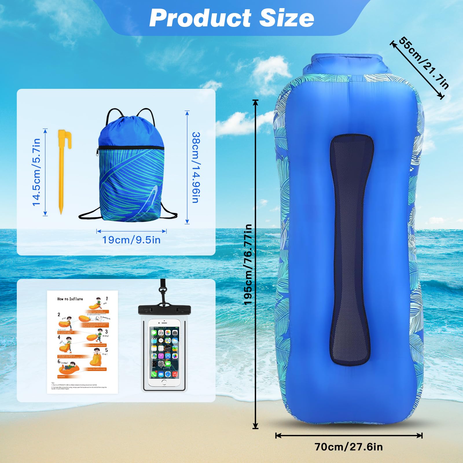 Divano Gonfiabile - Sdraio Air con Borsa Portatile Custodia Impermeabile Smartphone - 195 x 70 cm Divano Gonfiabile Materasso Lettino Campeggio Sedia da Esterno per Viaggi, Spiaggia, Mare, Piscina