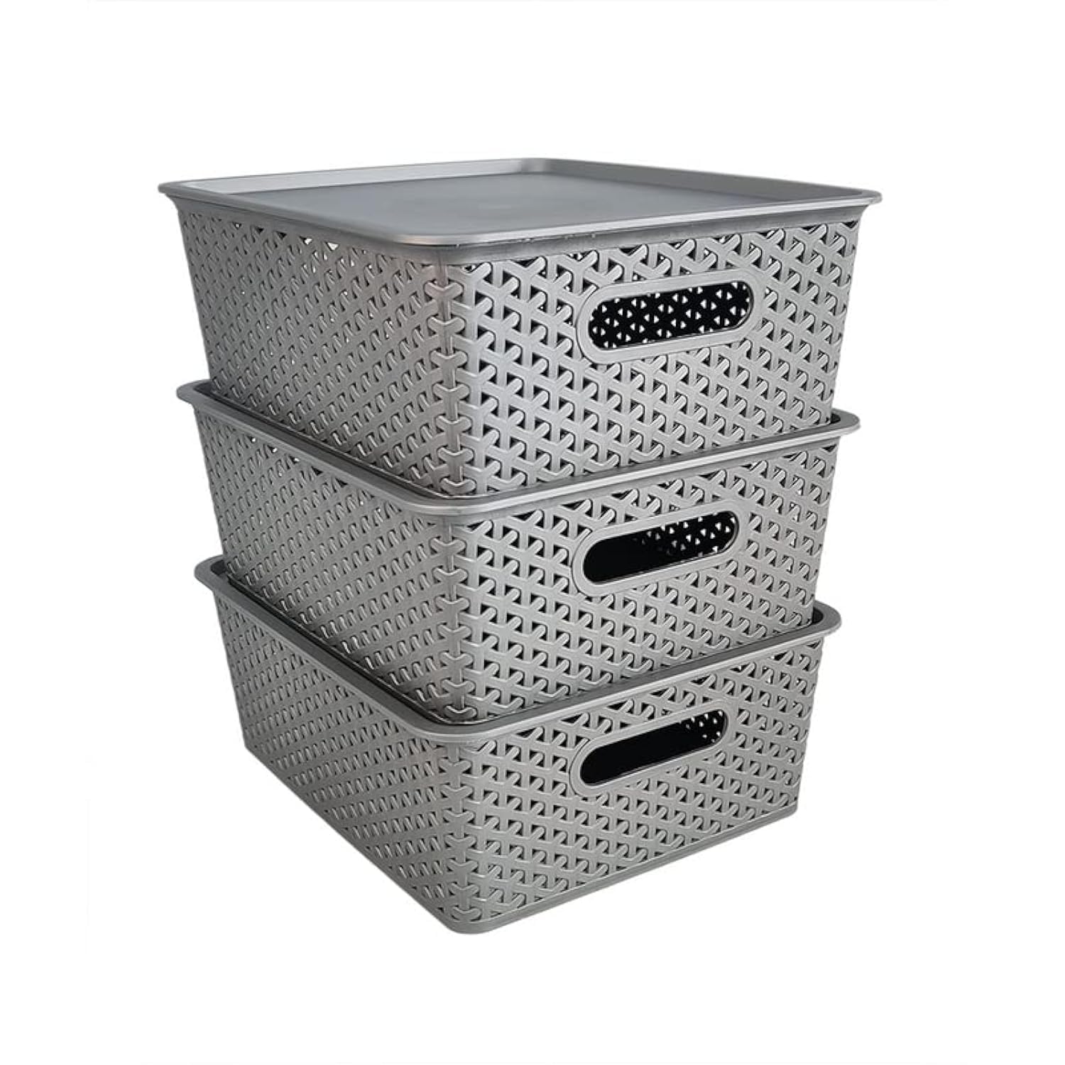HomeStrap Set of 3 Plastic Storage Organizers/Baskets With Lid For Kitchen, Clothes, Multipurpose Vegetables, Toys, Books, Office, Stationery, Wardrobe (Medium | Grey), Rectangular-image-43