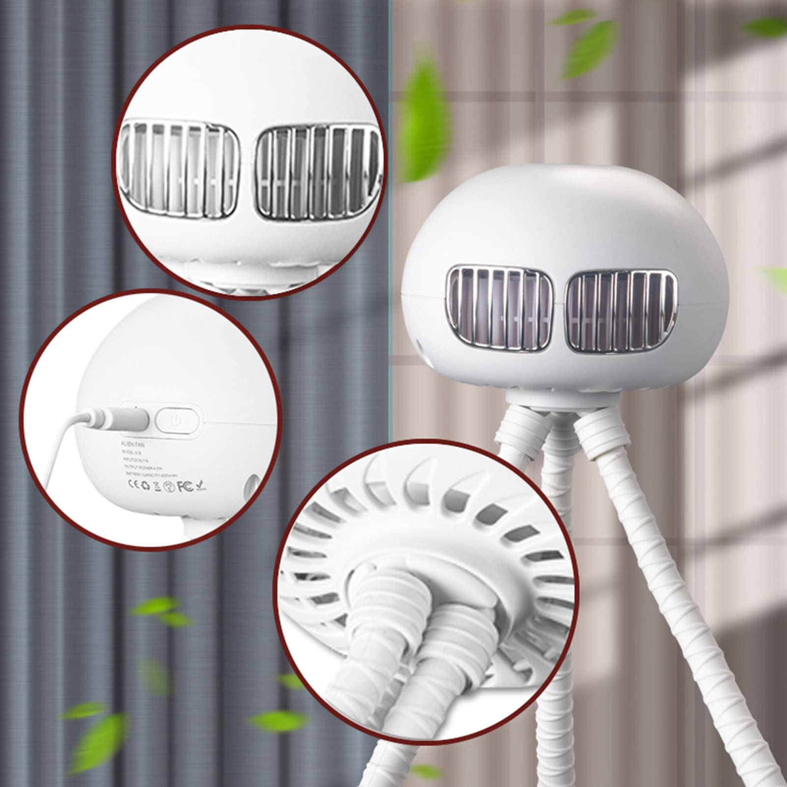 Ventilatore per Passeggino Ricaricabile con Treppiede Flessibile, 3 velocità Ventilatore USB Silenzioso, per Letto, Ufficio, Seggiolino Auto, Campeggio, Palestra,Rosa (White Bianca