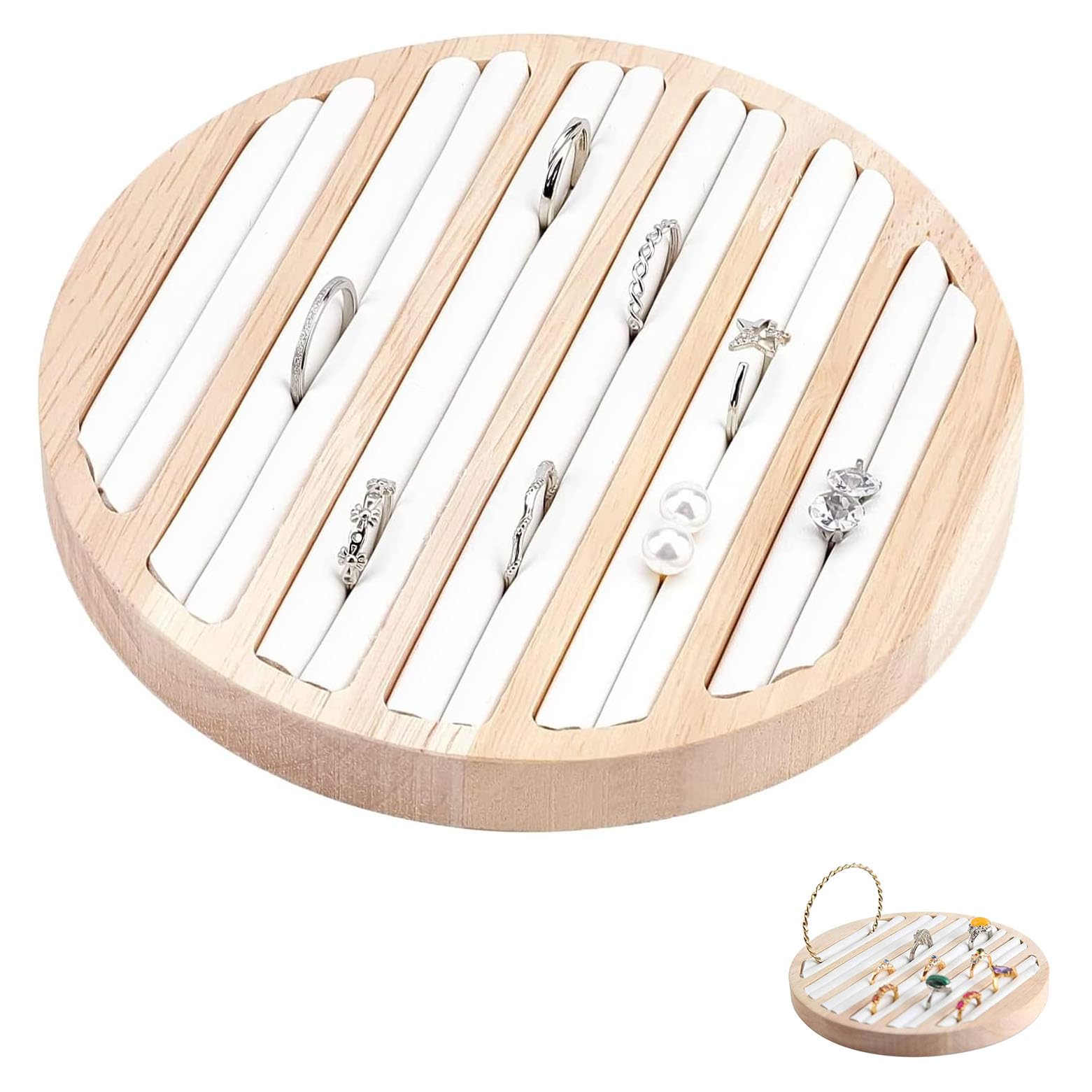 Yangwen White Wooden Ring Display Tray – Round Jewelry Organizer With 6 Slots For Earrings, Rings & Bracelets – Stackable Ring Holder Insert For Retail Store, Boutique & Home Storage