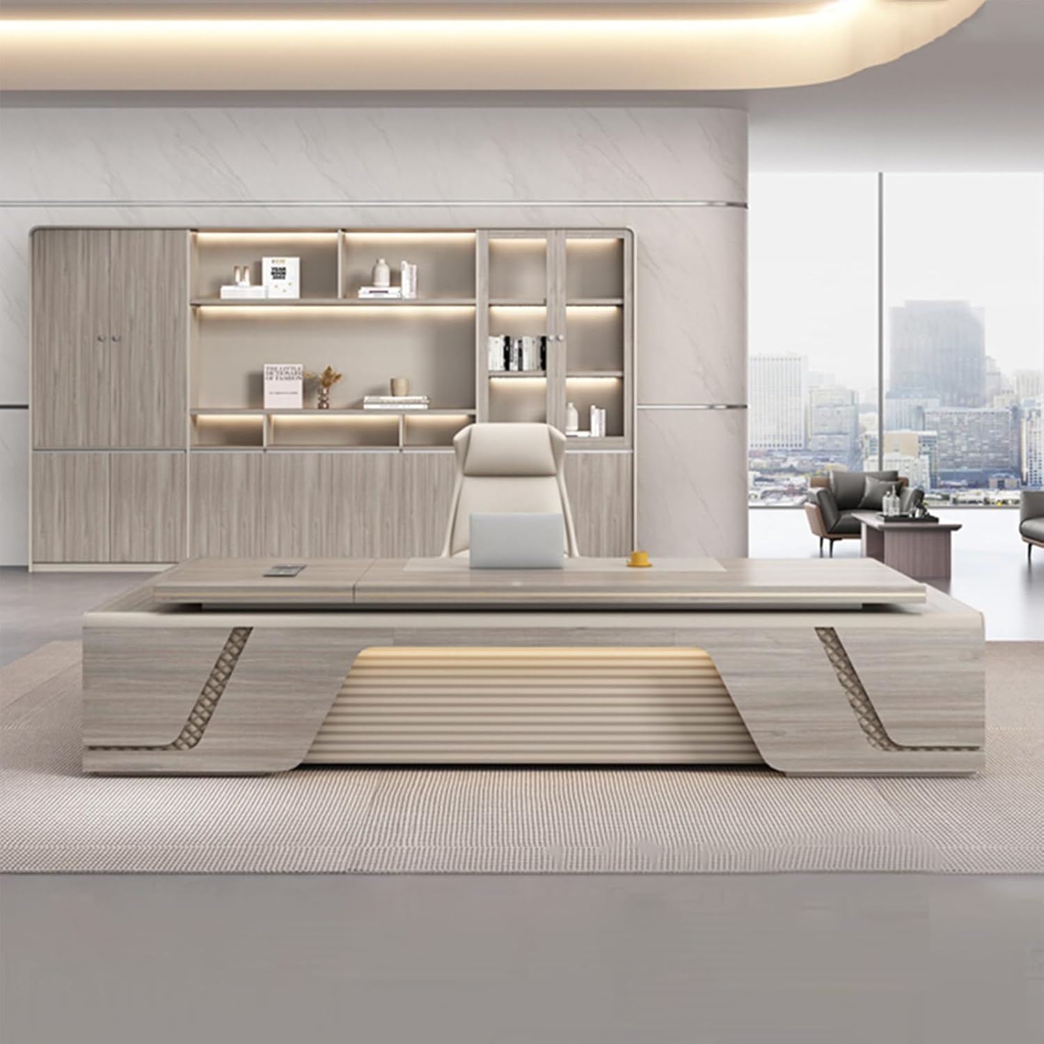 Grey L Shaped Computer Desk, Executive Office Desk with File Cabinet Writing Study Table Business Furniture Set for CEO Boss