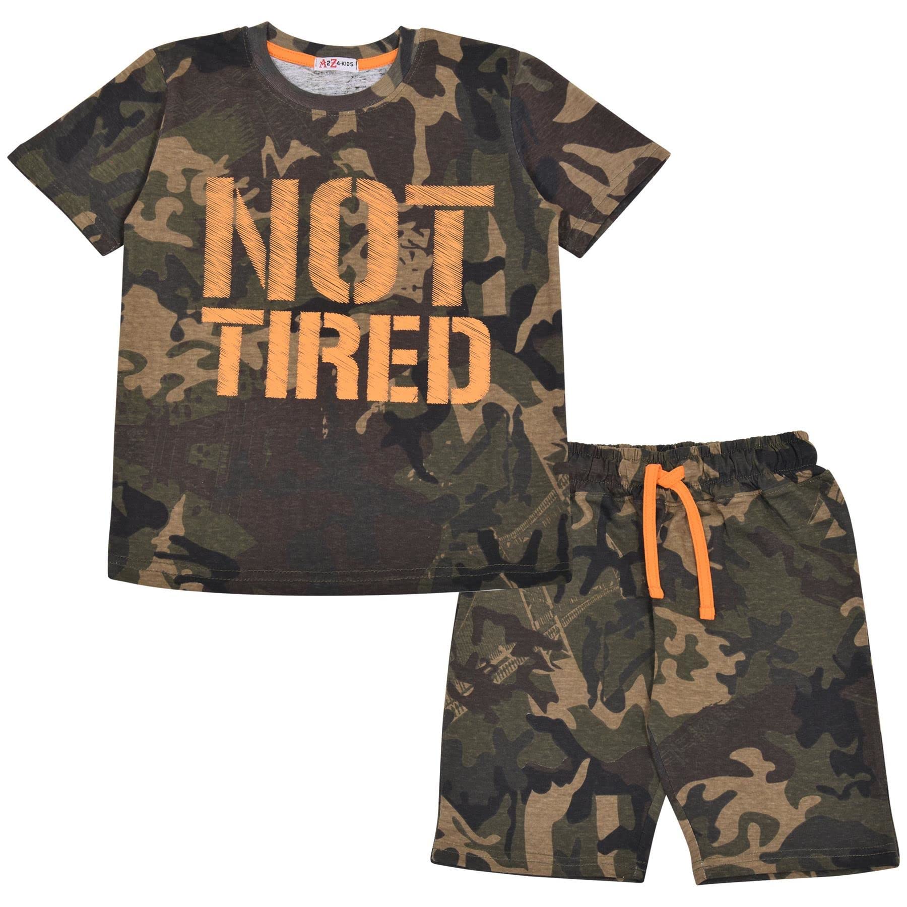 A2Z 4 Kids Girls Boys PJs 2 Piece Shorts Set Lounge Suit - PJS 171 Not Tired Camo Green._5-6