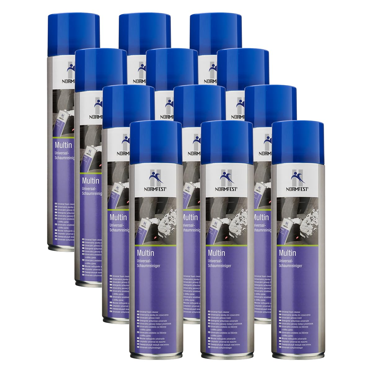Normfest Multin Universal-Schaumreiniger für Auto, Haushalt & Gewerbe, Aktivschaum gegen Fett, Nikotin, Wachs & Insekten, streifenfrei & silikonfrei, ideal für Glas, Textilien & Kunststoff 12x 600 ml