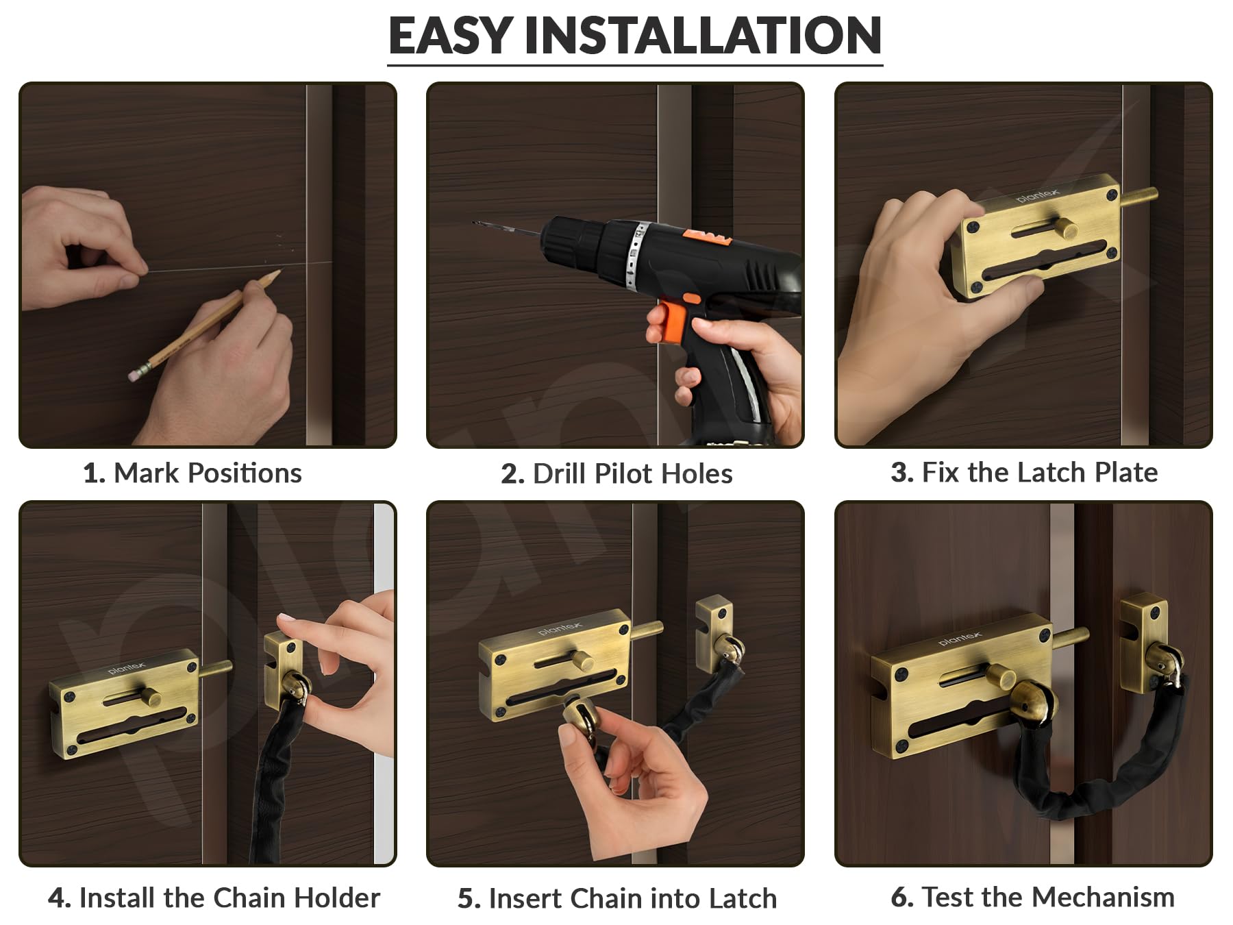 Plantex Door Chain with Baby Latch/Door Chain Lock for Main Door/Latch Lock for Door/Heavy Duty Door Safety Guard Lock for Home, Hotel & Office Security – Pack of 1 (DTK-294-Brass Antique) — Amazon image 8