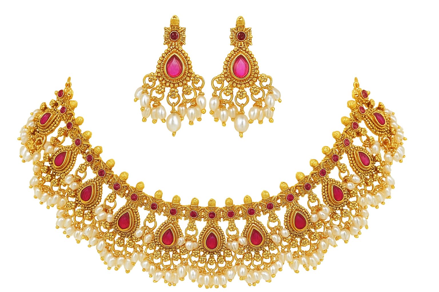 South Indian Traditional Gold Plated Necklace Jewellery Set for Women with Earrings | Alloy Base, Pearl Design, Adjustable Design No TM352