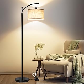 Floor Lamps for Living Room, Modern Standing Lamp with Adjustable Linen Shade, Black Tall Pole Lamps for Living Room, Reading Light for Bedroom Study Room Office, Footswitch 8W Bulb Included