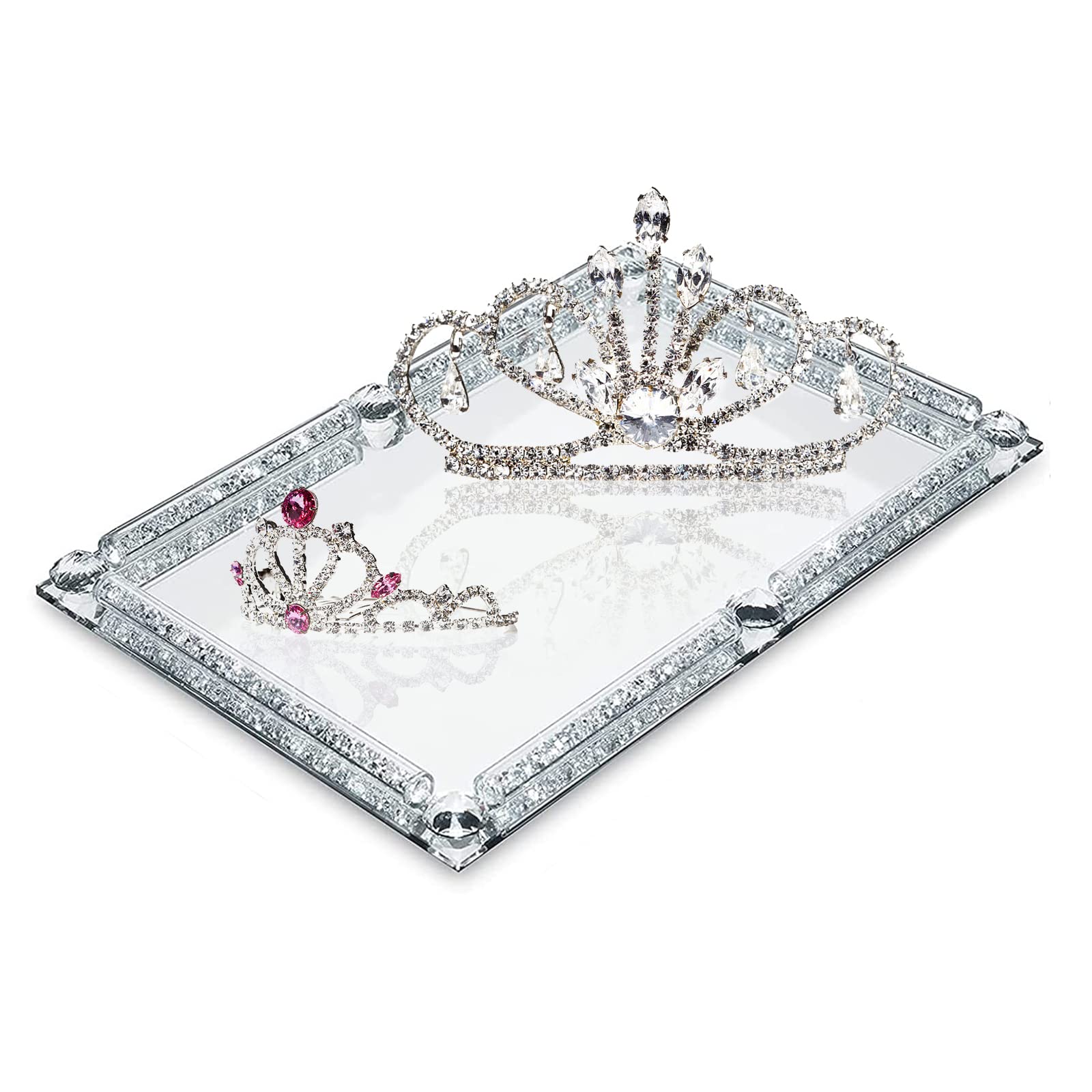 Suprwin Mirrored Vanity Tray Crystal Glass Ornate Decorative Tray for Display, Perfume, Vanity, Dresser and Bathroom