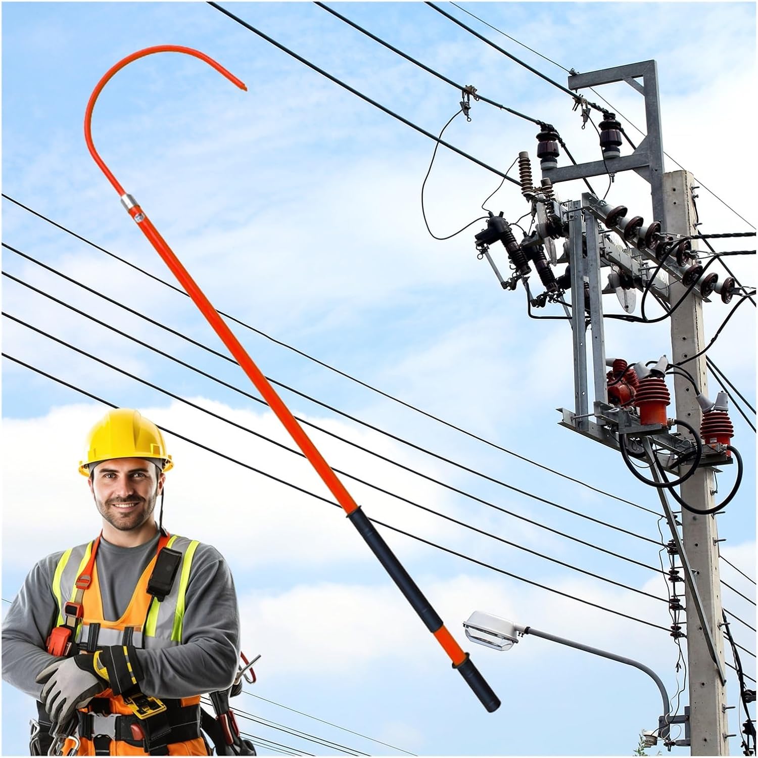 High-Voltage Safety Hook with Insulated Handle - Emergency Rescue Pole for Electricians, Anti-Electrocution Lifesaving Tool, Essential Safety Equipment for Electrical Work